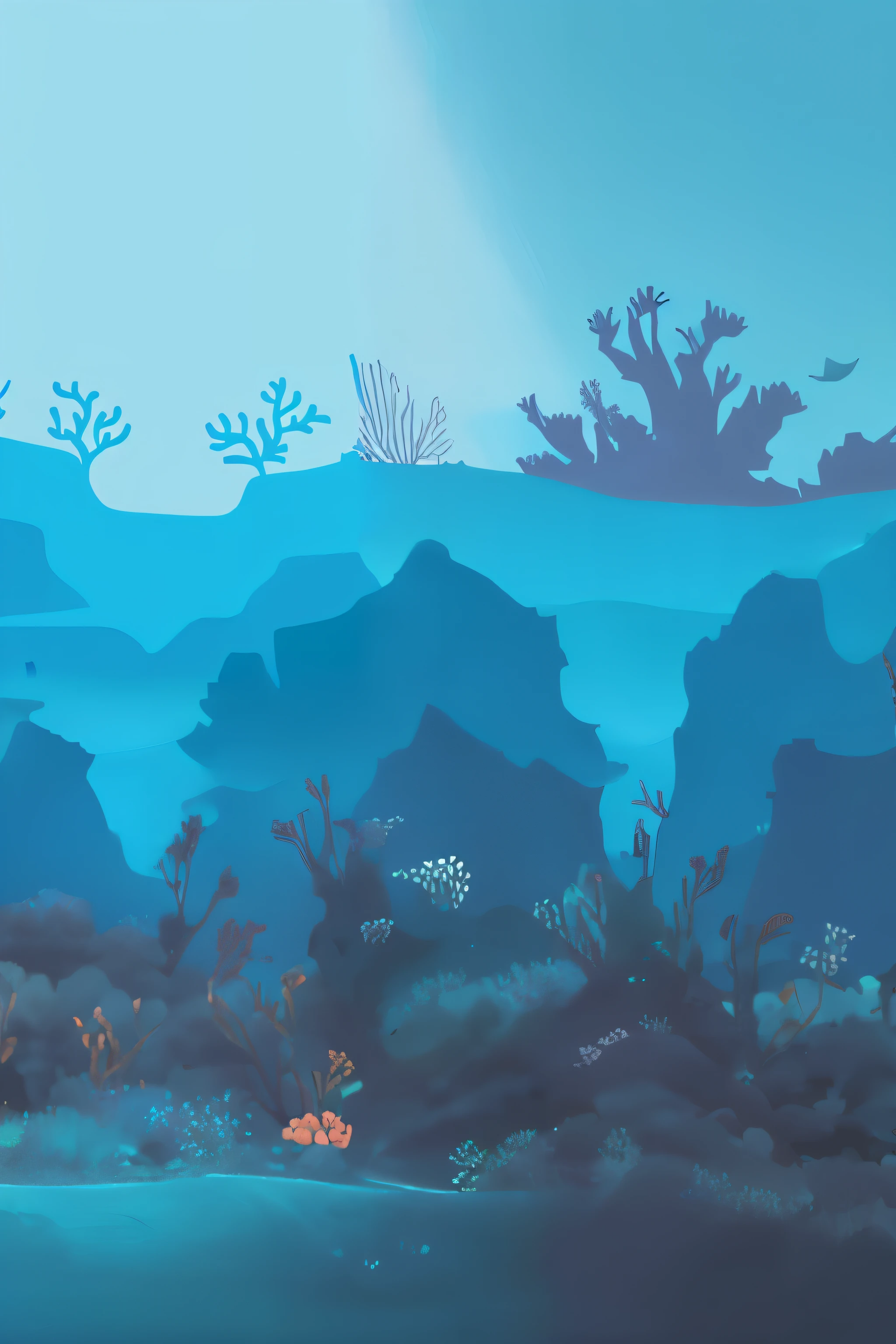 there is a blue background with a silhouette of a seaweed, sketch of an ocean in ms paint, reefs, coral reefs, sci-fiish landscape, undersea environment, coral reef, flat illustration, corals, enviroment, underwater background, underwater scene, underwater environment, undersea, simple illustration, environment, promo image, relaxed. blue background