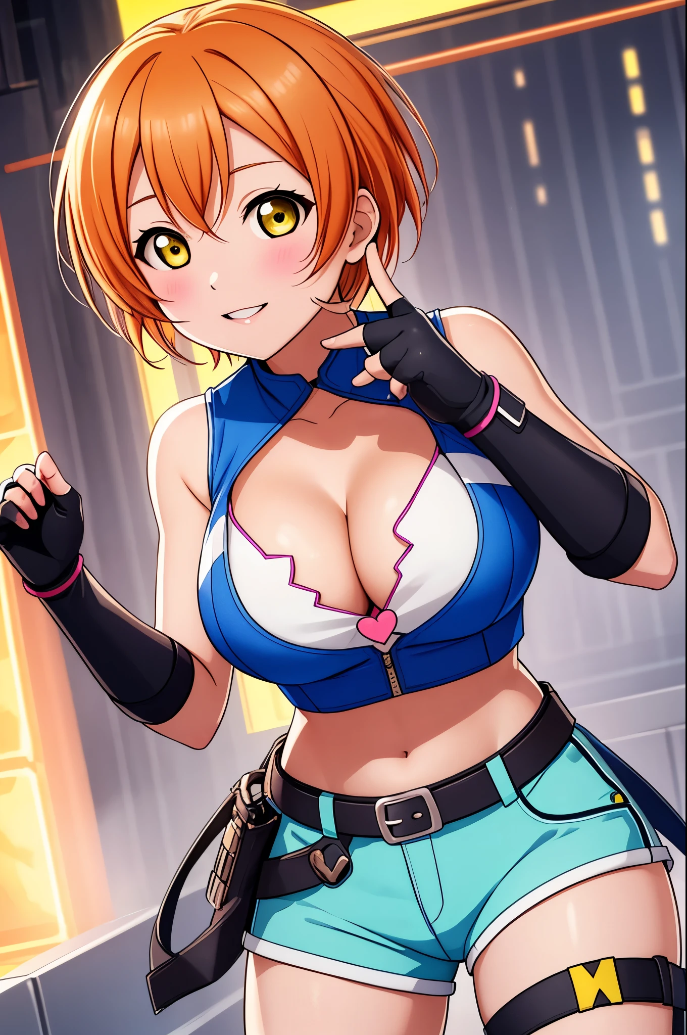  masterpiece, best quality,(hoshizora rin:1.000), cowboy shot,yellow eyes, orange hair, (breasts:0.996), crop top, sleeveless, heart cleavage cutout, shorts,standing , fingerless gloves, hair bamd,