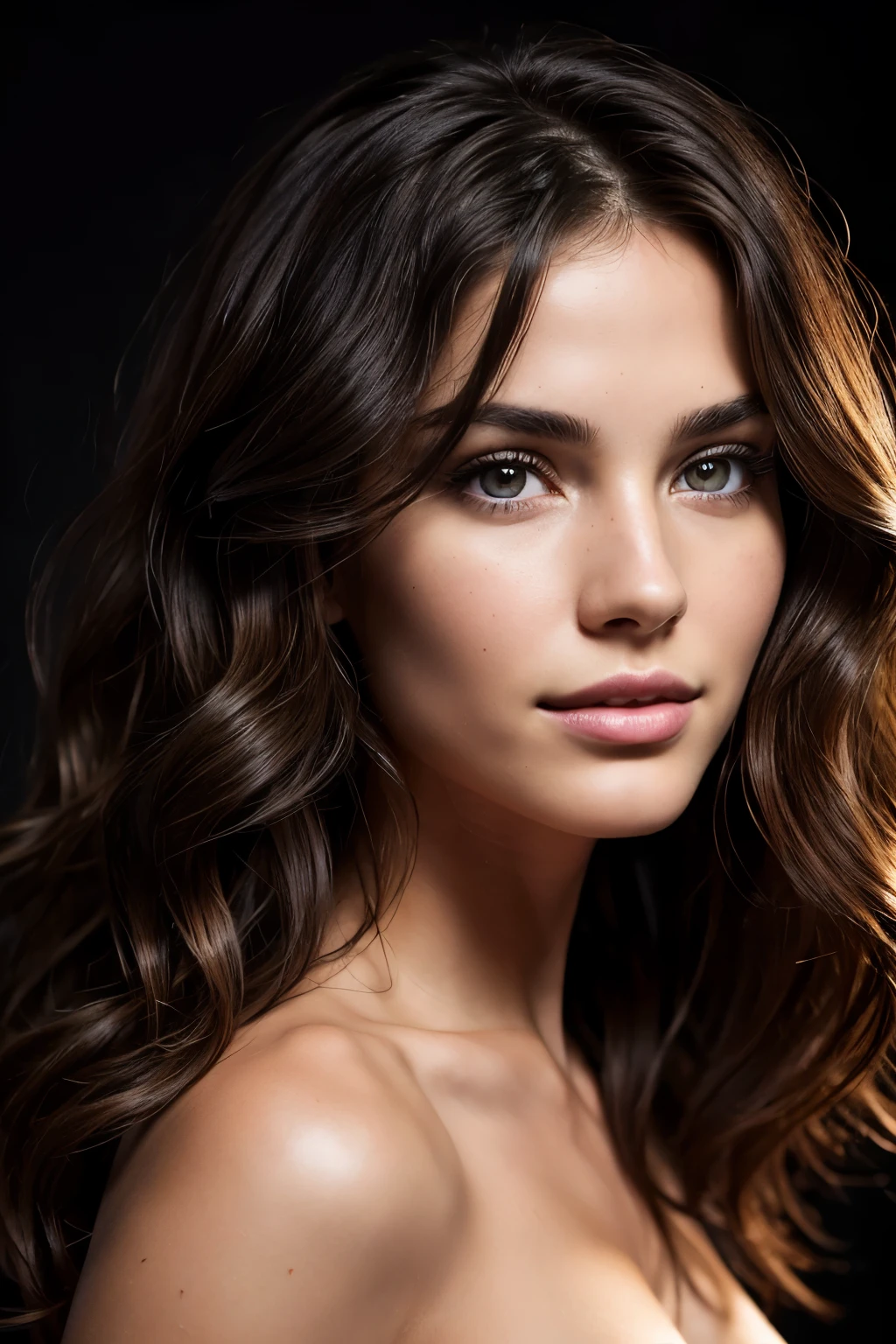 (wavy brunette perfect body Supermodel), (medium hair length), (not wearing any clothes), pose with a smirk, ((portrait)), black background, studio light, feminine fit detailed body and face and skin pores, highly detailed expressive, space above head, depth of field, skin details, ultra realistic, cinematic