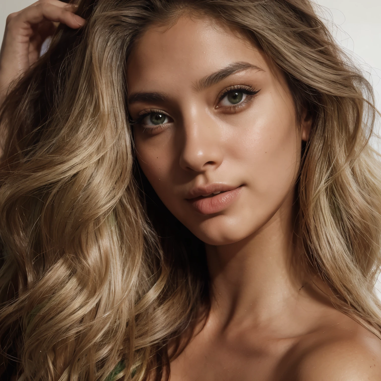 brown skin girl beautiful face with grey eyes and long blonde  hair