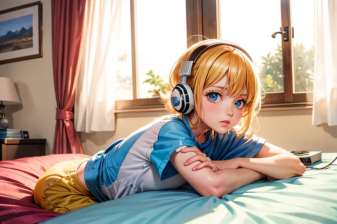 LO-FI music matching screen,one case japan,Wearing home clothes,Lying lazily by the bed,listen to music in the room,comfortable,Neon lights outside the window