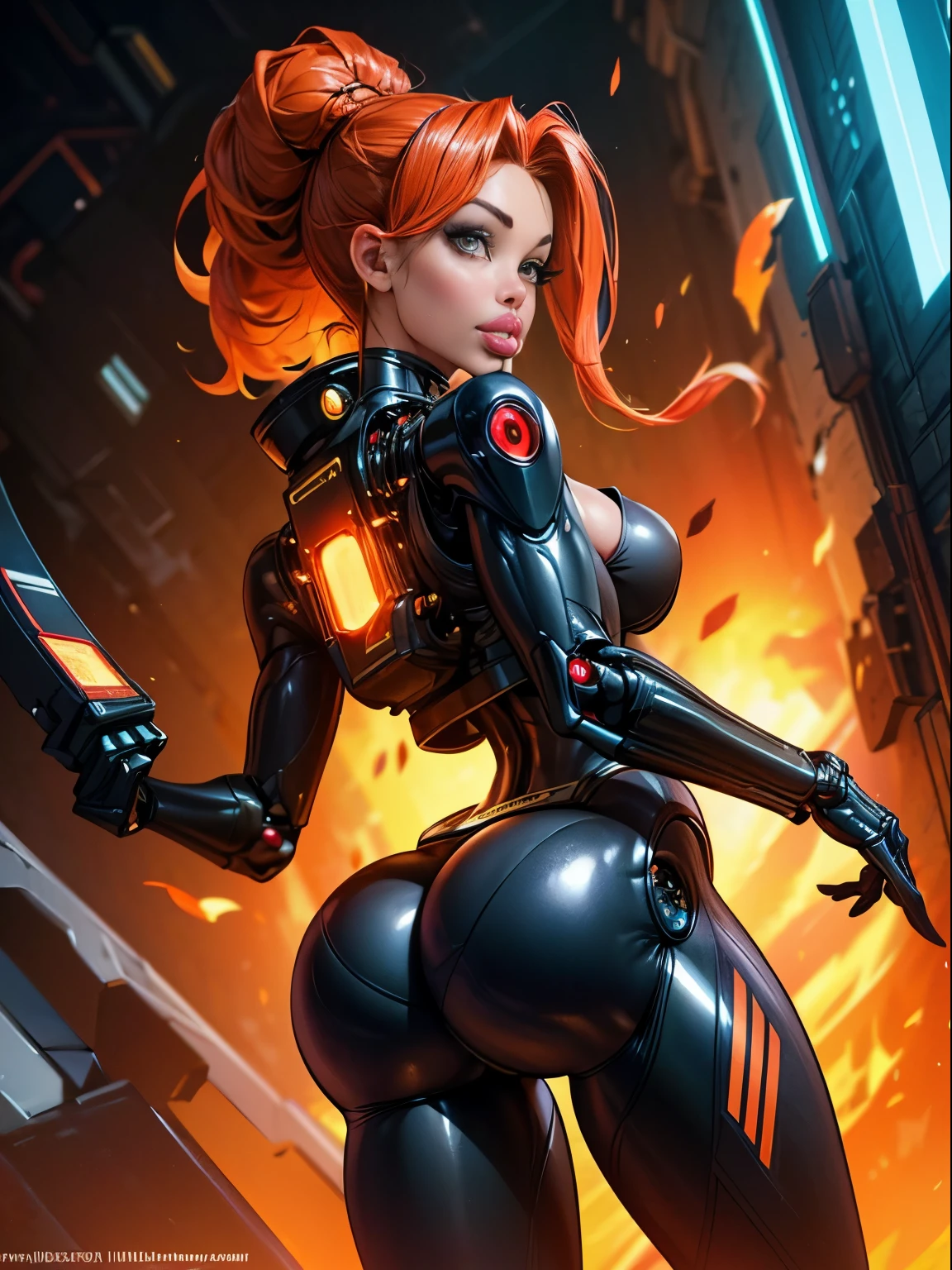 ((Back profile:1.3)), turning head looking to viewer, ((red hair)), There is a fire woman in a robot suit ((posing next to an futuristic Roman building)), ((integrated jet pack)), ((bulky jet pack:1.3)), Beautiful orange girl half cyborg, Cute cyborg girl, Beautiful girl cyborg, (aletta ocean face), (puffy lips), Perfect Robot Girl, Cyborg girl, (ass air bags), intricate details on ass, fire head, Young cyborg lady, (ass cleavage), Beautiful Female Robot, ((cybernetic abs:1.2)), intricate holes on ass, Beautiful robot woman, cyborg girl, perfect cyborg female, ((orange fire cyborg)), Female robot, Beautiful cyborg images, (cinematic lighting), red and orange aesthetic, small blue details