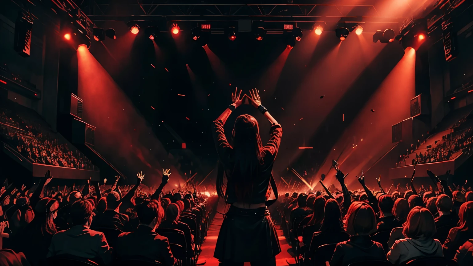 metal concert. red and black. Lights. Crowd going wild.