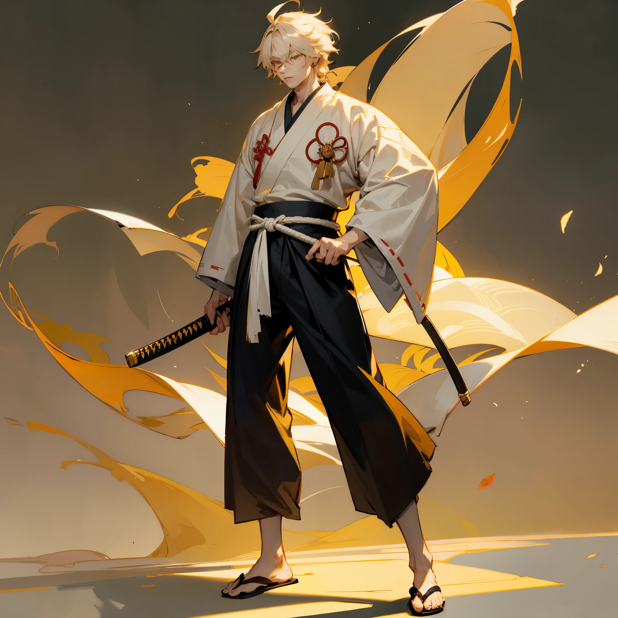 1male , Adult Male , White ish Pale Blonde Hair , Golden Eyes , Messy Hair , Samurai Clothing , Unique Martial Arts Clothing , White and Gold Yukata , Japanese Estate Background , Japanese House Background,Standing on path , Katana on hip , Black Baggy Pants