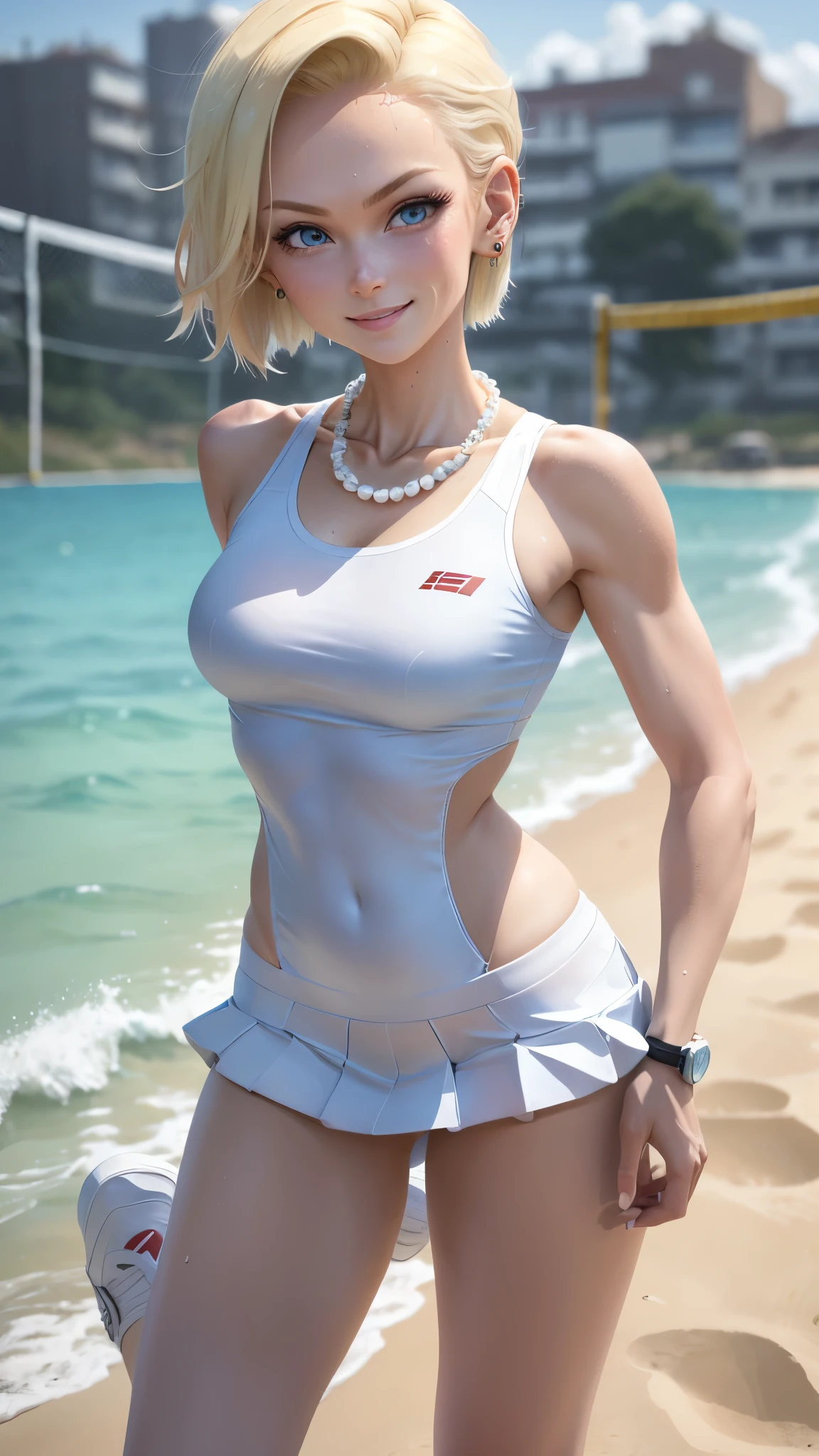 best quality, highres, and18, 1girl, android 18, solo girl, 1girl, blonde hair, blue eyes, sport sneakers, red and white volleyball uniform, pearl necklace, white lycra micro skirt, short hair, white lycra sport top, earrings, wrist sweat bands, medium breasts, cowboy shot, sea shore, straight-on, (weather: and windy), wet body, wet clothes, cute smile, relaxed stance, thigh high socks, volleyball court, striped bikini,