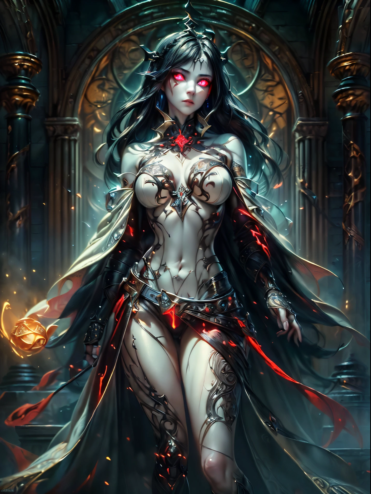 high details, best quality, 16k, [ultra detailed], masterpiece, best quality, (extremely detailed), dynamic angle, ultra wide shot, photorealistic, fantasy art, dnd art, dark fantasy art, realistic art, gothic art, GlowingRunes_red, NeroV2, an ultra wide, full body (intense details, Masterpiece, best quality: 1.5), picture of a female human (1.5 intricate details, Masterpiece, best quality) priestess of death ((pale white magical aura)), controlling a swirling magic (intense details, Masterpiece, best quality: 1.5), manipulating magical sigils (intricate details, Masterpiece, best quality: 1.5), human female, black  hair, pale skin,  long black hair with pale white aura, black hair with pale touch, azure eyes, pale eyes, intense eyes,  ((glowing eyes: 1.5)), black dress (intense details, Masterpiece, best quality: 1.5), red cloak (intense details, Masterpiece, best quality: 1.5), high heeled boots, (intense details, Masterpiece, best quality: 1.5), fantasy dark temple background, ((death worship atmosphere)), high details, depth of field (intense details, Masterpiece, best quality: 1.5),best quality, highres, ultra wide angle