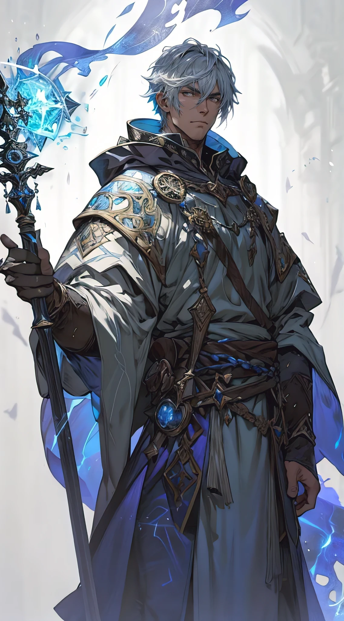 A JRPG mage-class character, robed in mystical garments adorned with ancient runes. They wield a staff crackling with elemental energy, casting a spell that conjures a swirling vortex of fire and ice. Enigmatic aura, ornate details, spellcasting focus, dramatic flair, magical glow, anime realism, perfect illustration