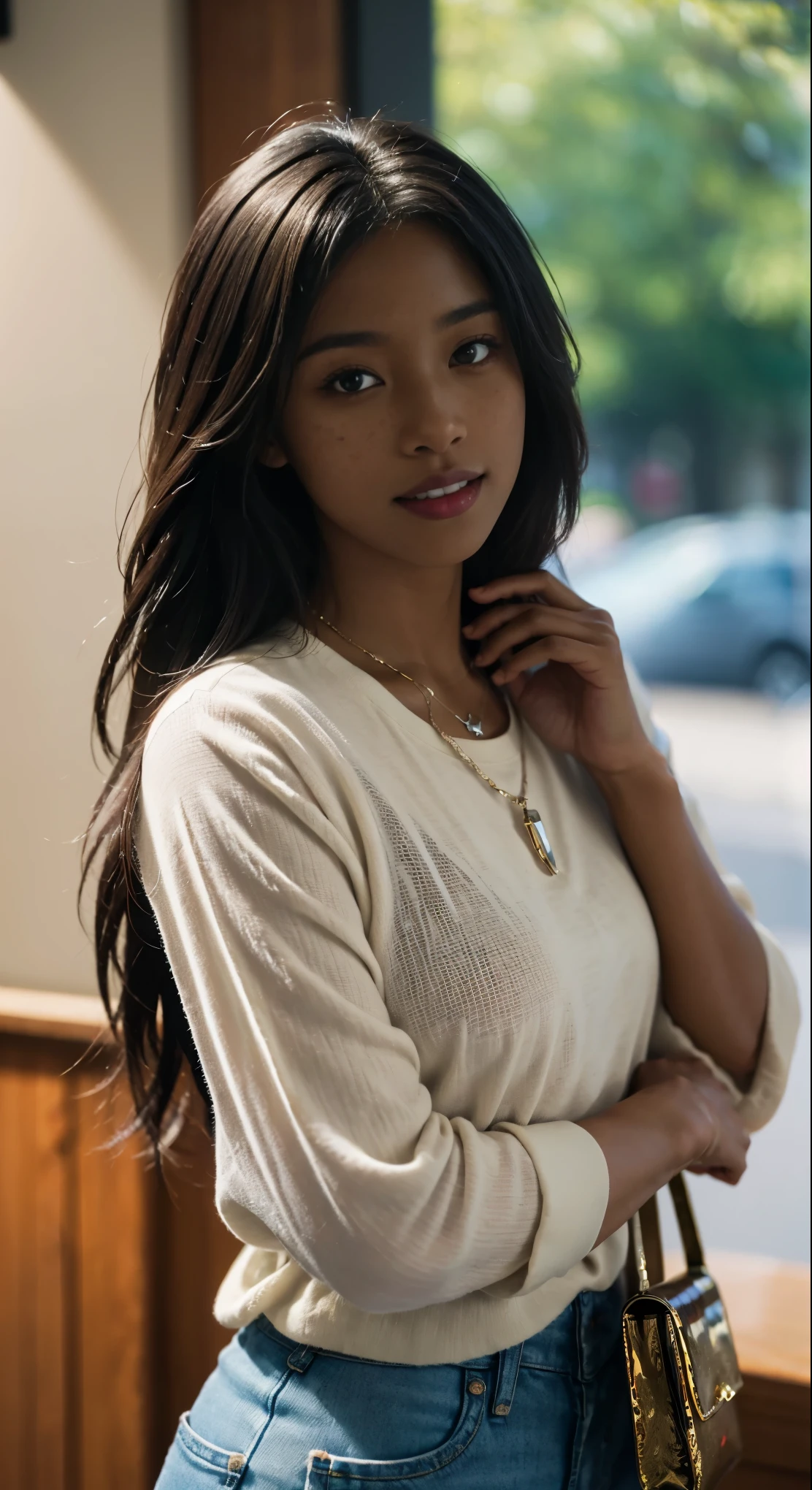 31 years old, gorgeous cute American girl, Smile, freckles, (dark skin:1.5), (medium beige long hair:1.4), 1girl, apple bag, bangs, berry, black hair, black shirt, blue eyes, hair between eyes, jewelry, leaf, looking at viewer, male focus, necklace, pants, shirt, solo, watch, white pants, wristwatch, messy hair, trending on artstation, 8k resolution, highly detailed, anatomically correct, sharp image, digital painting, concept art, trending on pixiv, style of makoto shinkai, sexy look, famous beautiful model, good young girl, (masterpiece:1.0), (best_quality:1.0), ultra high res,4K,ultra-detailed, photography, 8K, HDR, highres, absurdres:1.2, Kodak portra 400, blurry background, bokeh, lens flare, (vibrant_color:1.2),professional photograph, (beautiful_face:1.5),(narrow_waist). --v 6