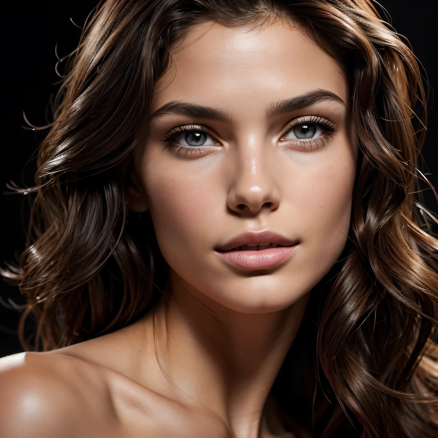(wavy brunette perfect body Supermodel), (medium hair length), (not wearing any clothes), pose with a smirk, ((portrait)), black background, studio light, feminine fit detailed body and face and skin pores, highly detailed expressive, space above head, depth of field, skin details, ultra realistic, cinematic