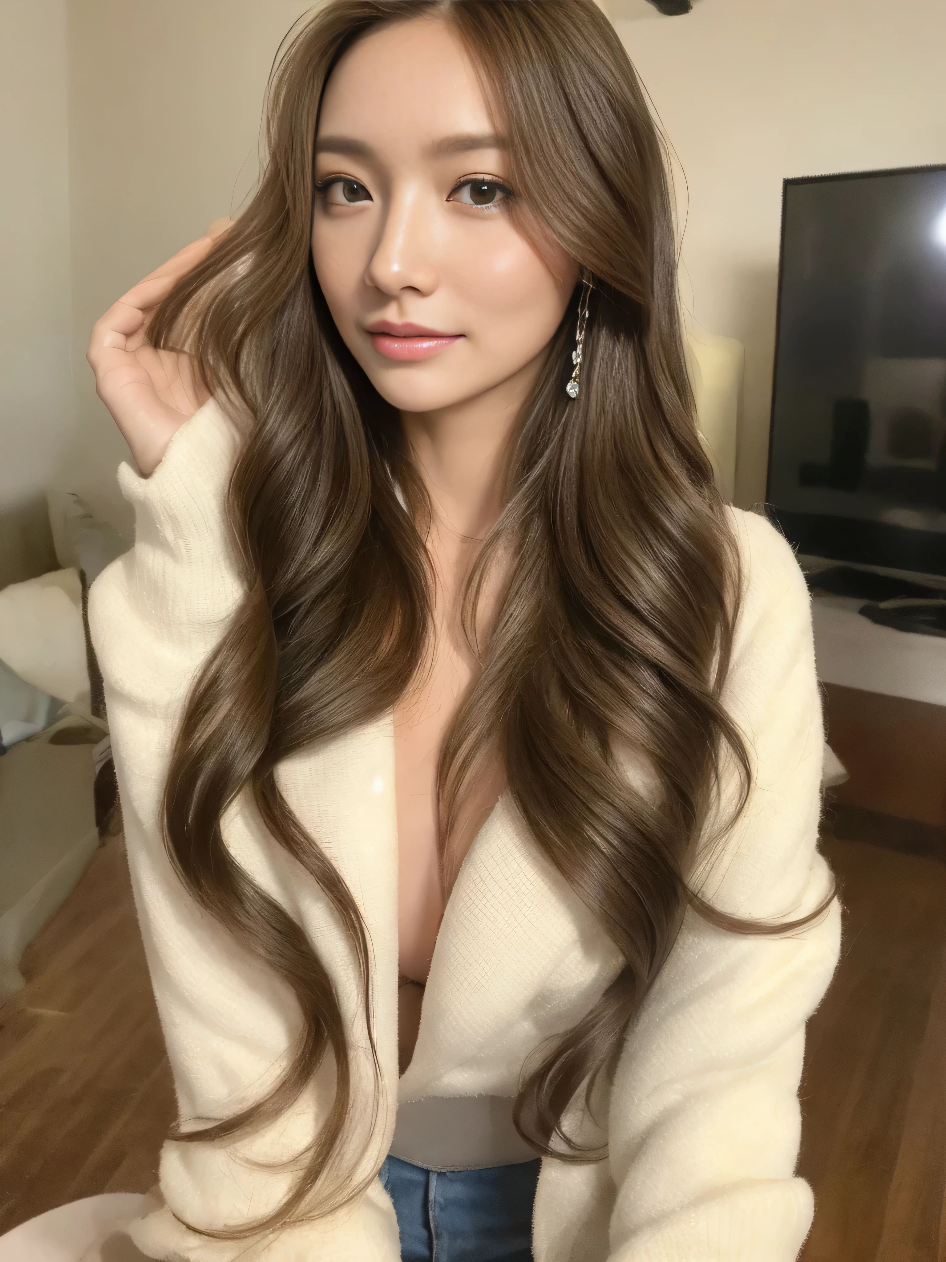 []photorealistic:1.37、muste piece、highest quality、Raw photo、disorganized、nffsw、1girlin、charming、intricate details、detailed background、detailed skin、pores、High resolution、nffsw、beautiful model、Soft light on the face、japanse_modeled、((Hair with loose waves inside:1.2)),(Super long brown hair:1.2))、