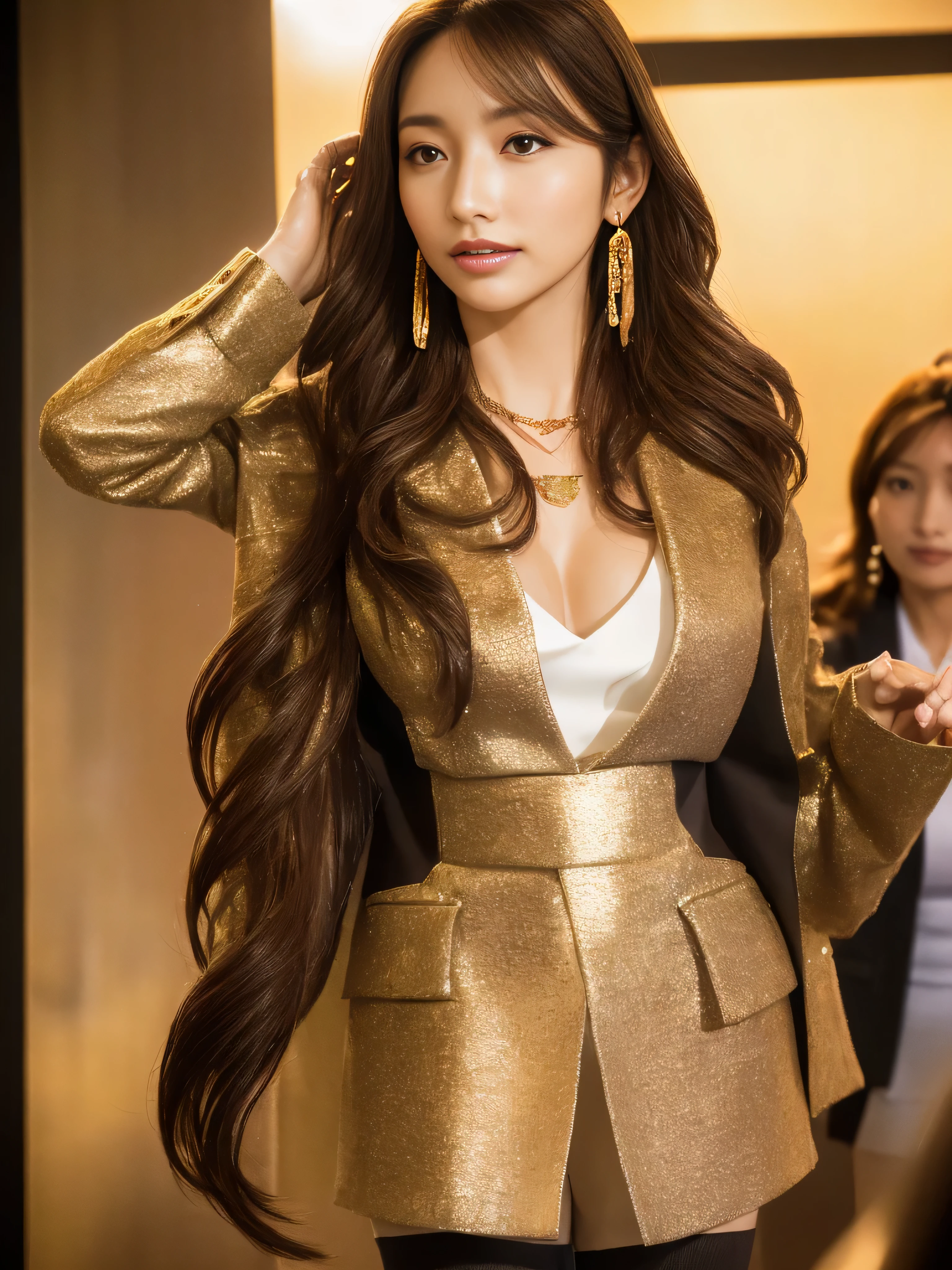 - []photorealistic:1.37、muste piece、highest quality、Raw photo、disorganized、nffsw、1girlin、wavy hair、brown hair、charming、look at viewer、Tokyo Towerのハイタワーオフィスビルのオフィスの大会議室で、Tokyo Tower、intricate details、detailed background、detailed skin、pores、High resolution、nffsw、Presentation to 10 Men、beautiful model、Soft light on the face、japanse_modeled、((Hair with loose waves inside:1.2)),((gold necklace_Large earrings:1.2)),(Super long brown hair:1.2))、(Floral blouse)、(Blouse with ribbon:1.1)、(tailored_Blazer_dress:1.5)、(pointed_mule:1.4)、