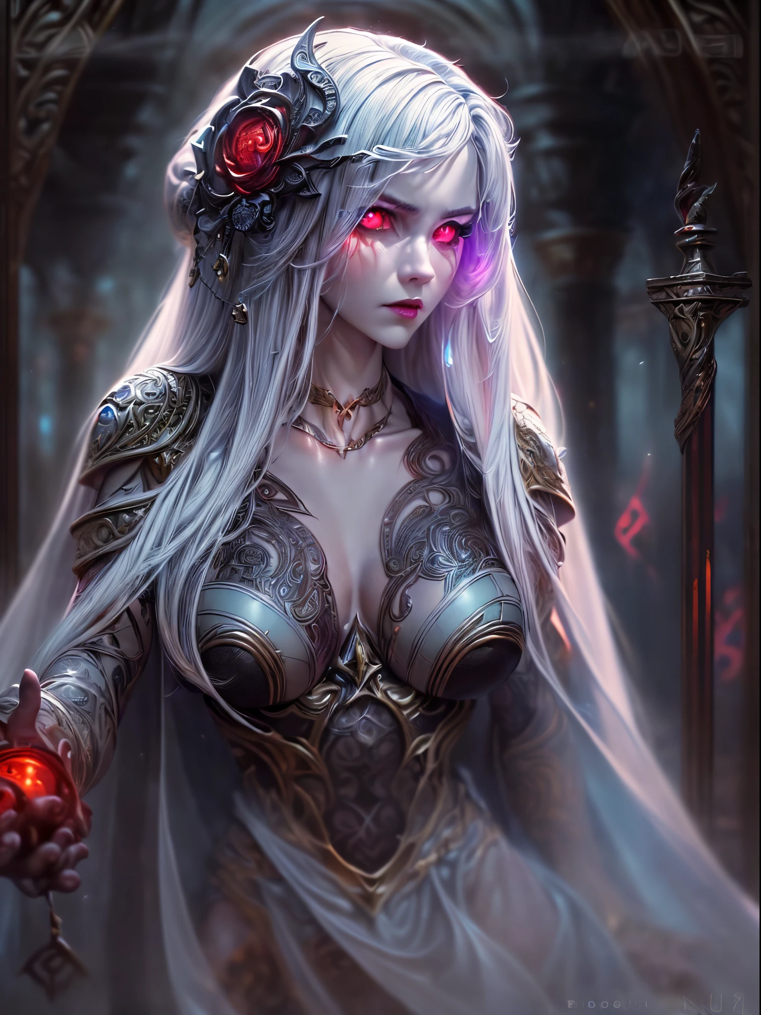 high details, best quality, 16k, [ultra detailed], masterpiece, best quality, (extremely detailed), dynamic angle, ultra wide shot, photorealistic, fantasy art, dnd art, dark fantasy art, realistic art, gothic art, GlowingRunes_red, NeroV2, an ultra wide, full body (intense details, Masterpiece, best quality: 1.5), picture of a female human (1.5 intricate details, Masterpiece, best quality) priestess of death ((pale white magical aura)), controlling a swirling magic (intense details, Masterpiece, best quality: 1.5), manipulating magical sigils (intricate details, Masterpiece, best quality: 1.5), human female, black  hair, pale skin,  long black hair with pale white aura, black hair with pale touch, azure eyes, pale eyes, intense eyes,  ((glowing eyes: 1.5)), black dress (intense details, Masterpiece, best quality: 1.5), red cloak (intense details, Masterpiece, best quality: 1.5), high heeled boots, (intense details, Masterpiece, best quality: 1.5), fantasy dark temple background, ((death worship atmosphere)), high details, depth of field (intense details, Masterpiece, best quality: 1.5),best quality, highres, ultra wide angle