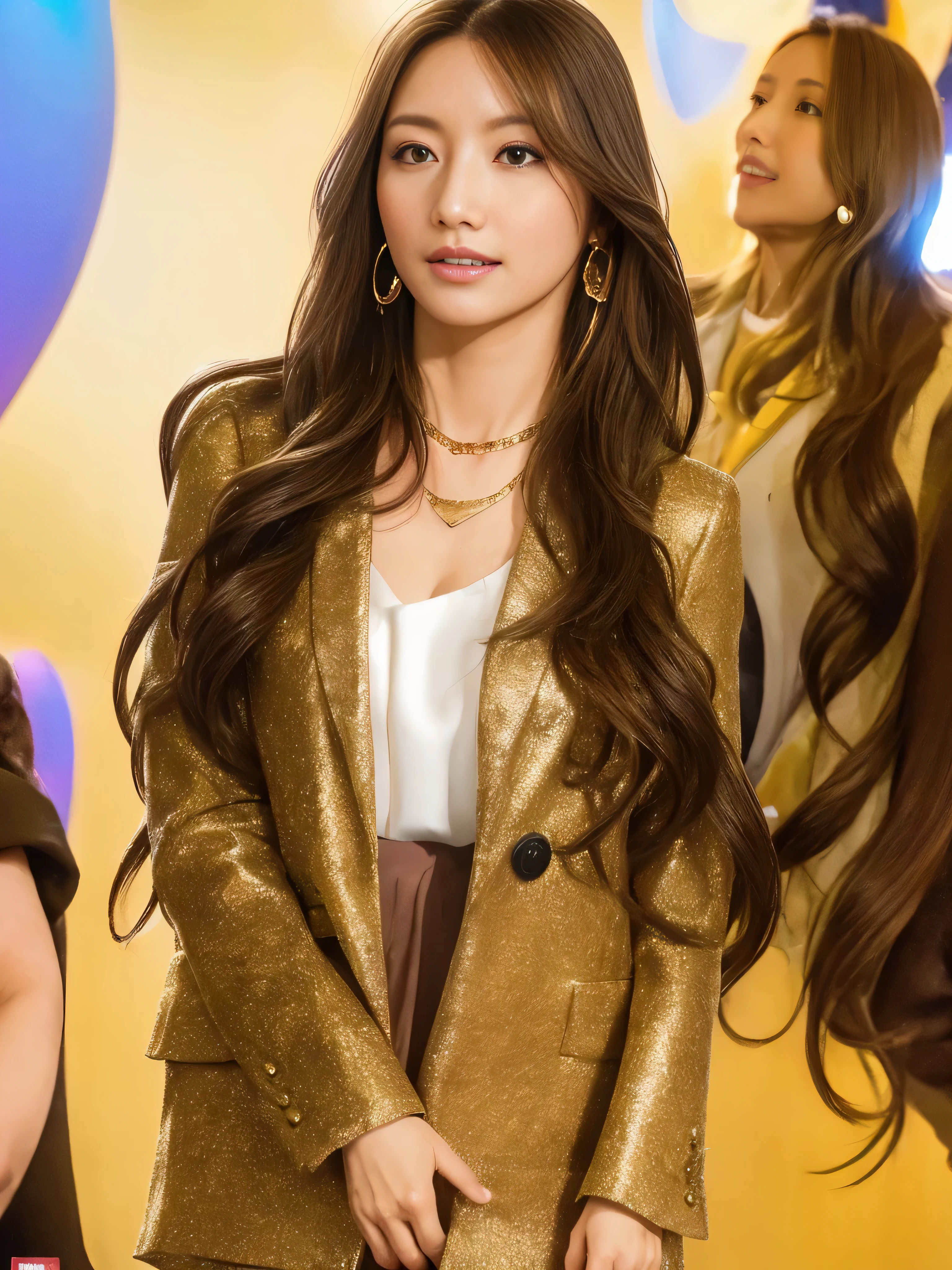 - []photorealistic:1.37、muste piece、highest quality、Raw photo、disorganized、nffsw、1girlin、wavy hair、brown hair、charming、look at viewer、Tokyo Towerのハイタワーオフィスビルのオフィスの大会議室で、Tokyo Tower、intricate details、detailed background、detailed skin、pores、High resolution、nffsw、Presentation to 10 Men、beautiful model、Soft light on the face、japanse_modeled、((Hair with loose waves inside:1.2)),((gold necklace＿Large earrings:1.2)),((Super long brown hair:1.2))、Buttons up to the middle of the shirt:1.2)、(Floral blouse)、(Blouse with ribbon:1.1)、(tailored_Blazer_dress:1.5),(pointed_mule:1.4),