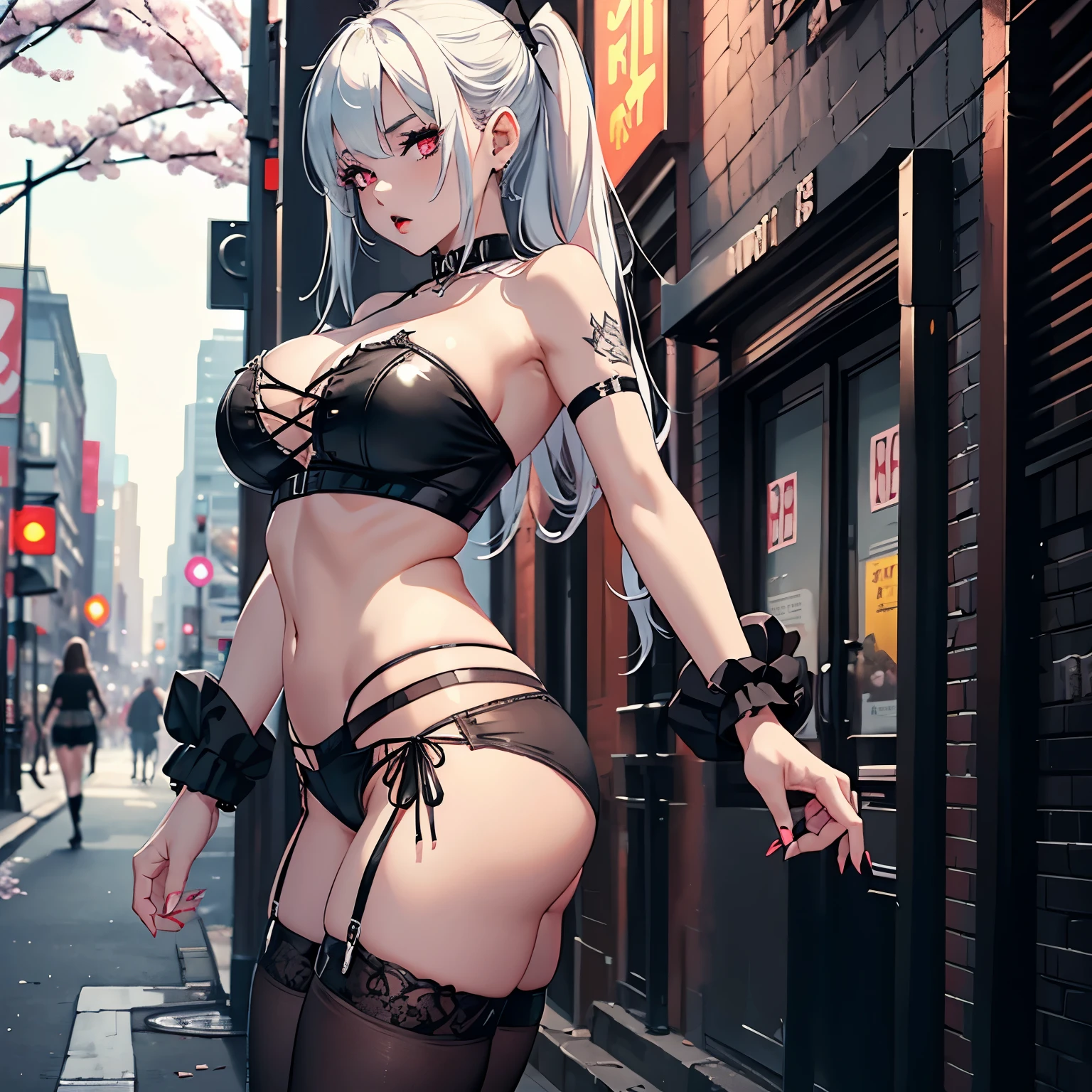1girl, goth, goth girl, goth slut, big breasts, breasts, legs apart female, solo, solo female, thigh highs, garter straps, white thread thong, black bandeau, black strapless crop top, stomach, groin, thighs, on street, night, cherry blossoms, from side, ass focus, hand on own ass, (white short shorts:1.2)