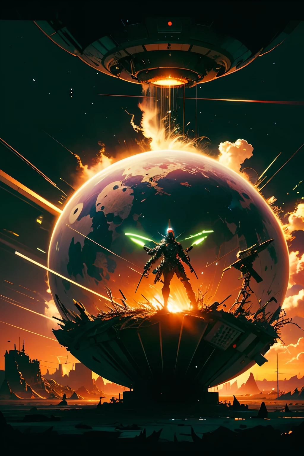 (Masterpiece, Ultra-high resolution), A small spherical robot that floats in the air with neon streaks, over an apocalyptic background,
The robot's surfaces are finely detailed, showing intricate circuits and systems glowing with a soft, pulsing light. Neon streaks trace dynamic patterns around its body, creating a mesmerizing display against the darkened sky.
Beneath the neon glow, the apocalyptic landscape unfolds, displaying crumbling ruins, illuminated by the ethereal radiance of the floating machine. The scene is a striking juxtaposition of destruction and beauty, encapsulating a sense of wonder and intr