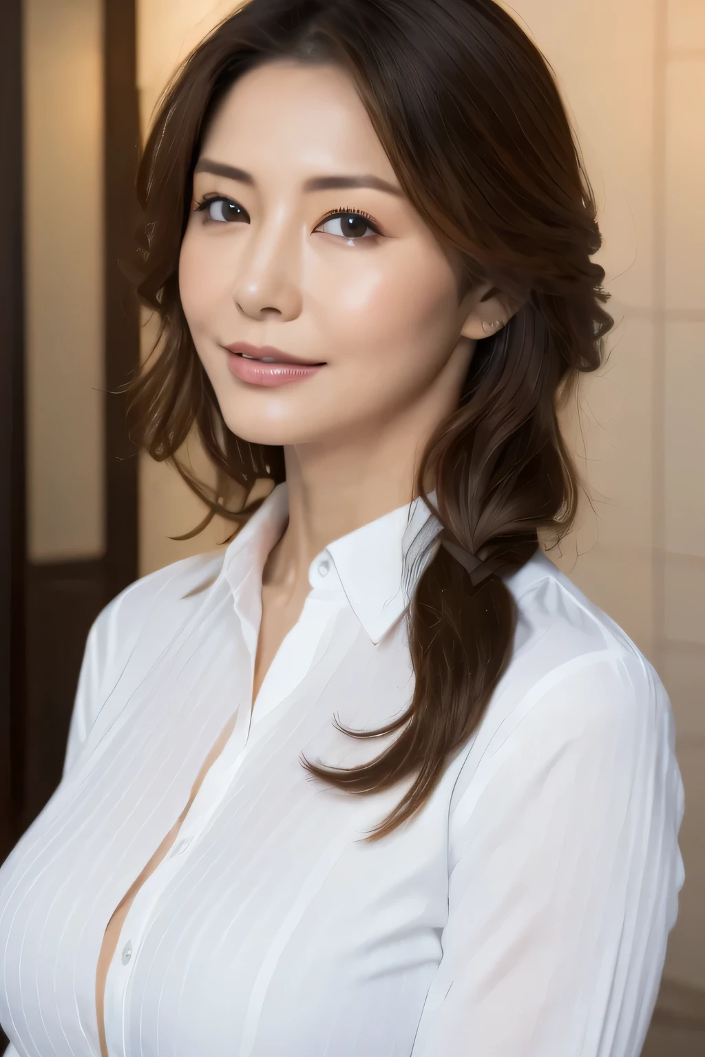 ((highest quality, 8K, masterpiece: 1.3)), sharp: 1.2, perfect body beauty: 1.4, slim abs: 1.2, ((layered hairstyles, big breasts: 1.2)), (Wet White Button Long Shirt: 1.1), (rain, street: 1.2), Wet: 1.5, Highly detailed face and skin texture, fine eyes, double eyelid, View from the side looking at the camera,Glasses,
