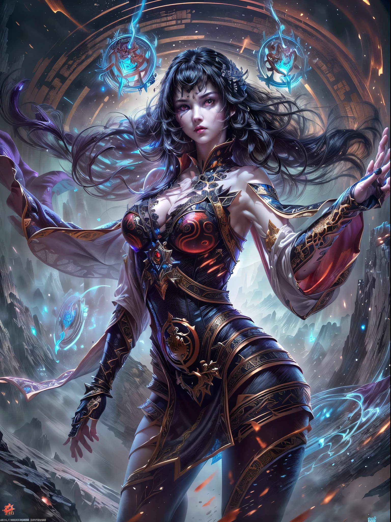 high details, best quality, 16k, [ultra detailed], masterpiece, best quality, (extremely detailed), dynamic angle, ultra wide shot, photorealistic, fantasy art, dnd art, dark fantasy art, realistic art, gothic art, GlowingRunes_red, NeroV2, an ultra wide, full body (intense details, Masterpiece, best quality: 1.5), picture of a female human (1.5 intricate details, Masterpiece, best quality) priestess of death ((pale white magical aura)), controlling a swirling magic (intense details, Masterpiece, best quality: 1.5), manipulating magical sigils (intricate details, Masterpiece, best quality: 1.5), human female, black  hair, pale skin,  long black hair with pale white aura, black hair with pale touch, azure eyes, pale eyes, intense eyes,  ((glowing eyes: 1.5)), black dress (intense details, Masterpiece, best quality: 1.5), red cloak (intense details, Masterpiece, best quality: 1.5), high heeled boots, (intense details, Masterpiece, best quality: 1.5), fantasy dark temple background, ((death worship atmosphere)), high details, depth of field (intense details, Masterpiece, best quality: 1.5),best quality, highres, ultra wide angle