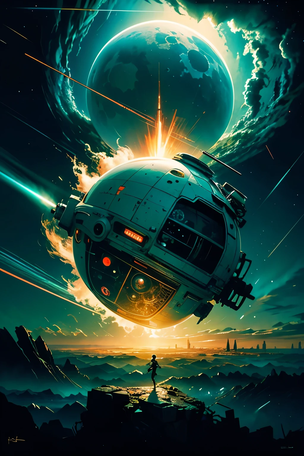 (Masterpiece, Ultra-high resolution), A small spherical robot that floats in the air with neon streaks, over an apocalyptic background,
The robot's surfaces are finely detailed, showing intricate circuits and systems glowing with a soft, pulsing light. Neon streaks trace dynamic patterns around its body, creating a mesmerizing display against the darkened sky.
Beneath the neon glow, the apocalyptic landscape unfolds, displaying crumbling ruins, illuminated by the ethereal radiance of the floating machine. The scene is a striking juxtaposition of destruction and beauty, encapsulating a sense of wonder and intr