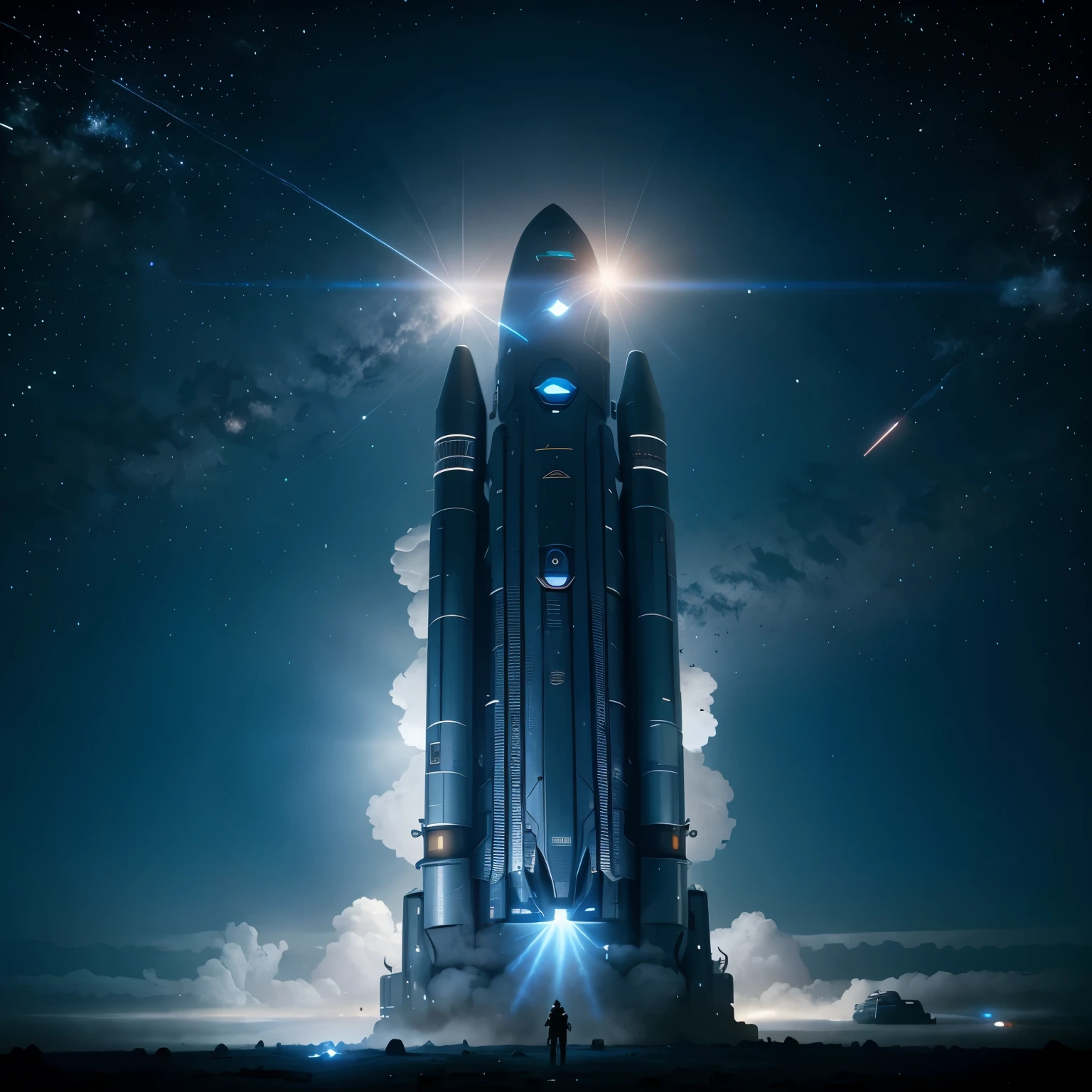 Arafed-Bild einer Weltraumrakete, die in den Himmel startet, Blaue V2-Rakete im Weltraum, Beeple |, in den Weltraum starten, inspiriert von Mike Winkelmann, Beeple and mike winkelmann, inspired von beeple, von beeple, Inspiriert von Jessica Rossier, Beeple. Hyperrealismus, aliens, ufos , gefecht