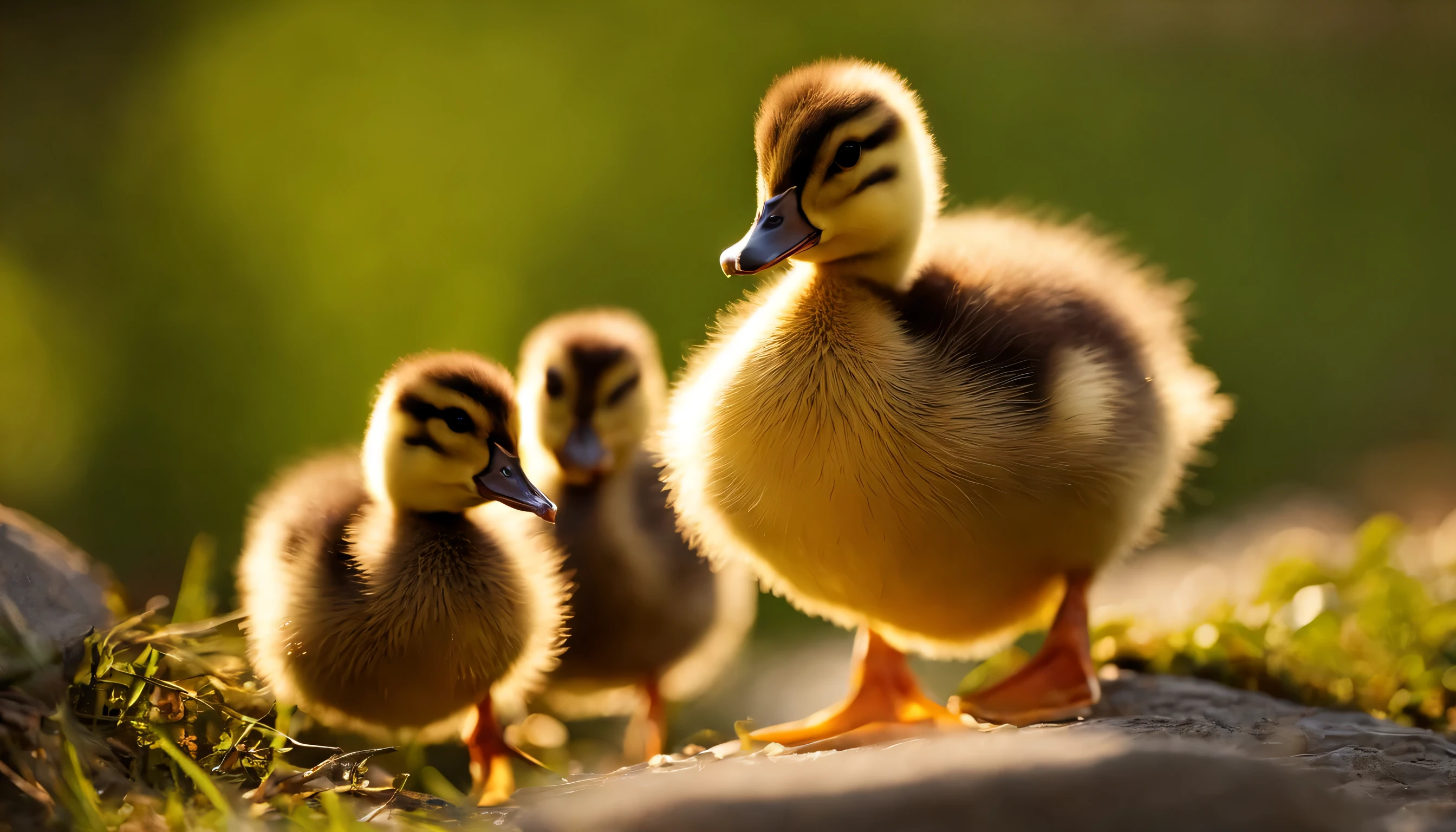 Duckling Growth: Envision a progression of images showing the ducklings growing in size and confidence. From their initial fuzzy appearance to the development of feathers, capture the stages of their early life.