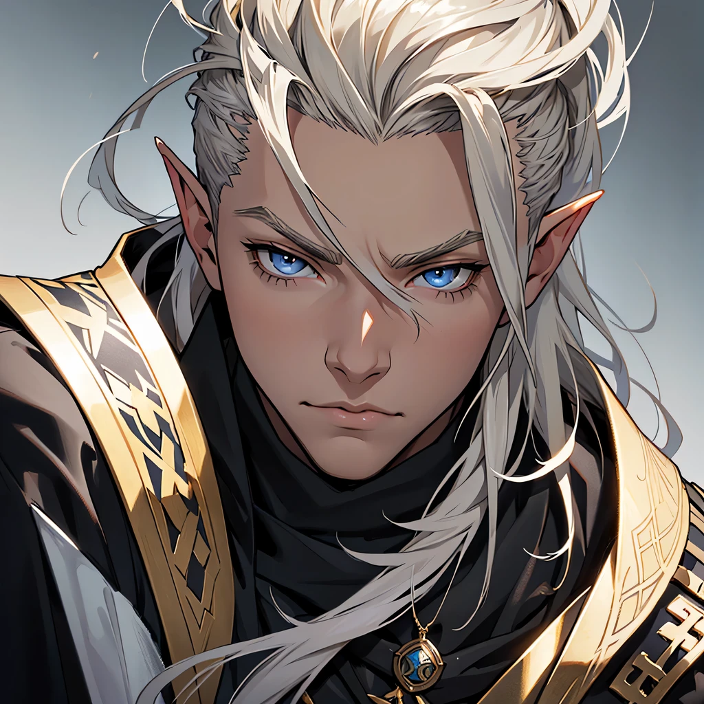 anime, masterpiece, best quality, by professional artist, male, solo, upper body portrait, detailed composition, detailed eyes, white background, long light blond undercut hair, elf, grey eyes, serious face, hair covering one eye, black cloak, silver medieval armor.