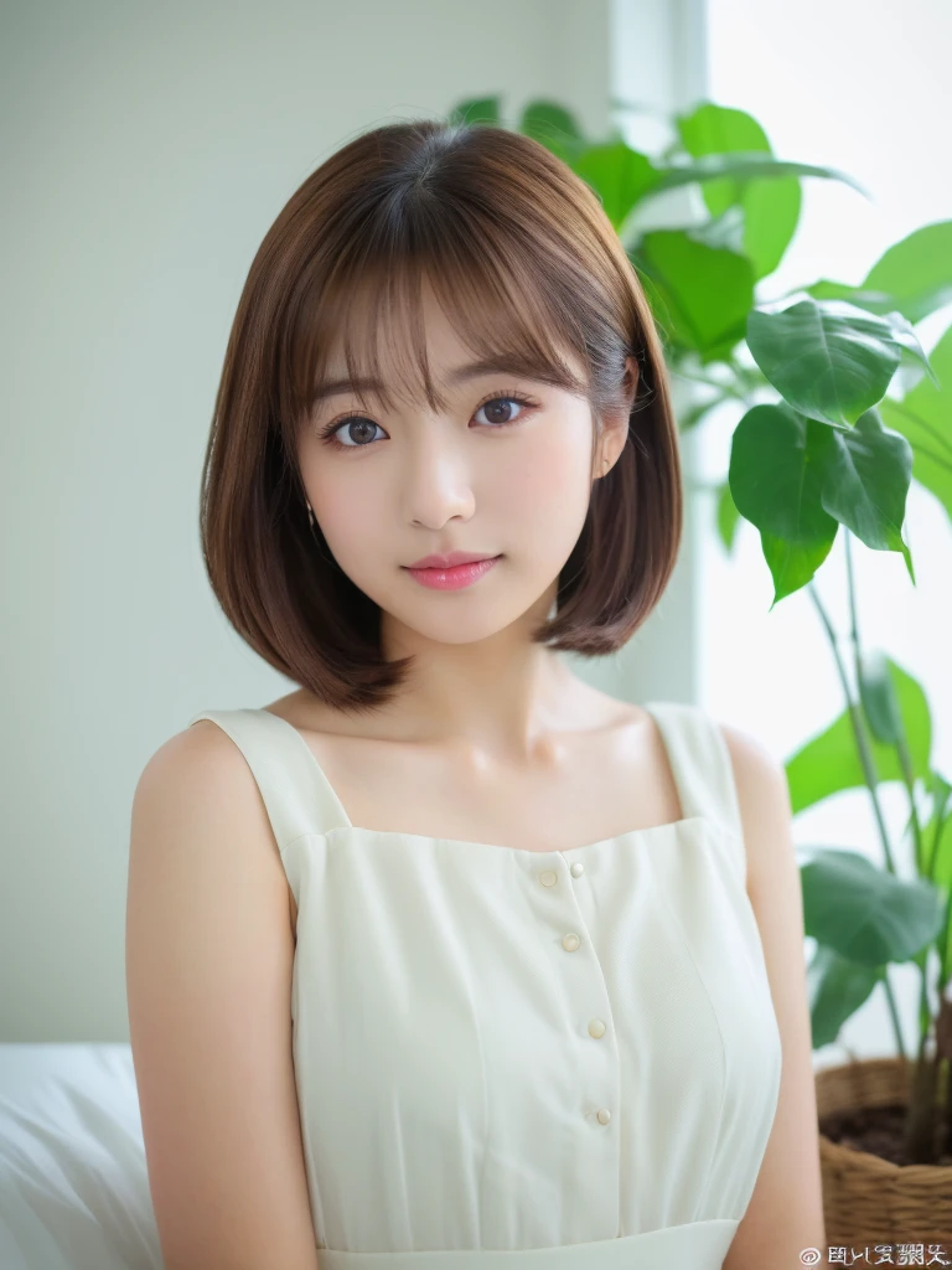 ((cute日本の女の子、beautiful japanese girl、1 girl、19 years old、Highly detailed face and skin texture、super detailed face、highly detailed eyes、Lee Hong、blush、ponytail、close-up of woman、front、cute、Highly detailed face and skin texture、smooth white skin、Transparent skin texture、))、(dark brown hair)、look at the camera、sharp focus:1.2、beautiful woman with perfect style:1.4、japanese model、young gravure idol、若いcuteグラビアアイドル、Realistic young gravure idol、sophisticated gravure idol、((highest quality、8K、masterpiece:1.3、1photograph))、(4K、RAWphotograph、highest quality)、Place someone on the other side of the screen、Natural light、((morning、noon、Bright interior、white room、Sense of cleanliness、bedルーム、bed、観葉plant、plant))、