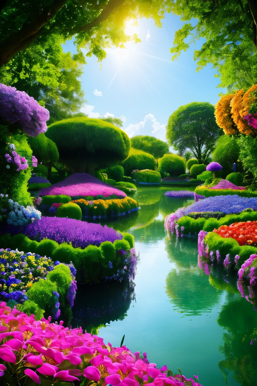 Title: "The Enchanted Garden of Hidden Wonders"

In the heart of a mystical and mesmerizing realm, a high-resolution, 8K sharpness stereoscopic image unfolds, inviting the viewer on a journey of discovery and wonder. With an intriguing composition, the scene is brimming with a dazzling array of beautiful and vibrant colors, from the radiant blooms of exotic flowers to the shimmering hues of the enchanting lake that lies at its core.

The ground beneath our feet is a lush tapestry of emerald-green grass, dotted with an assortment of enchanting flora,