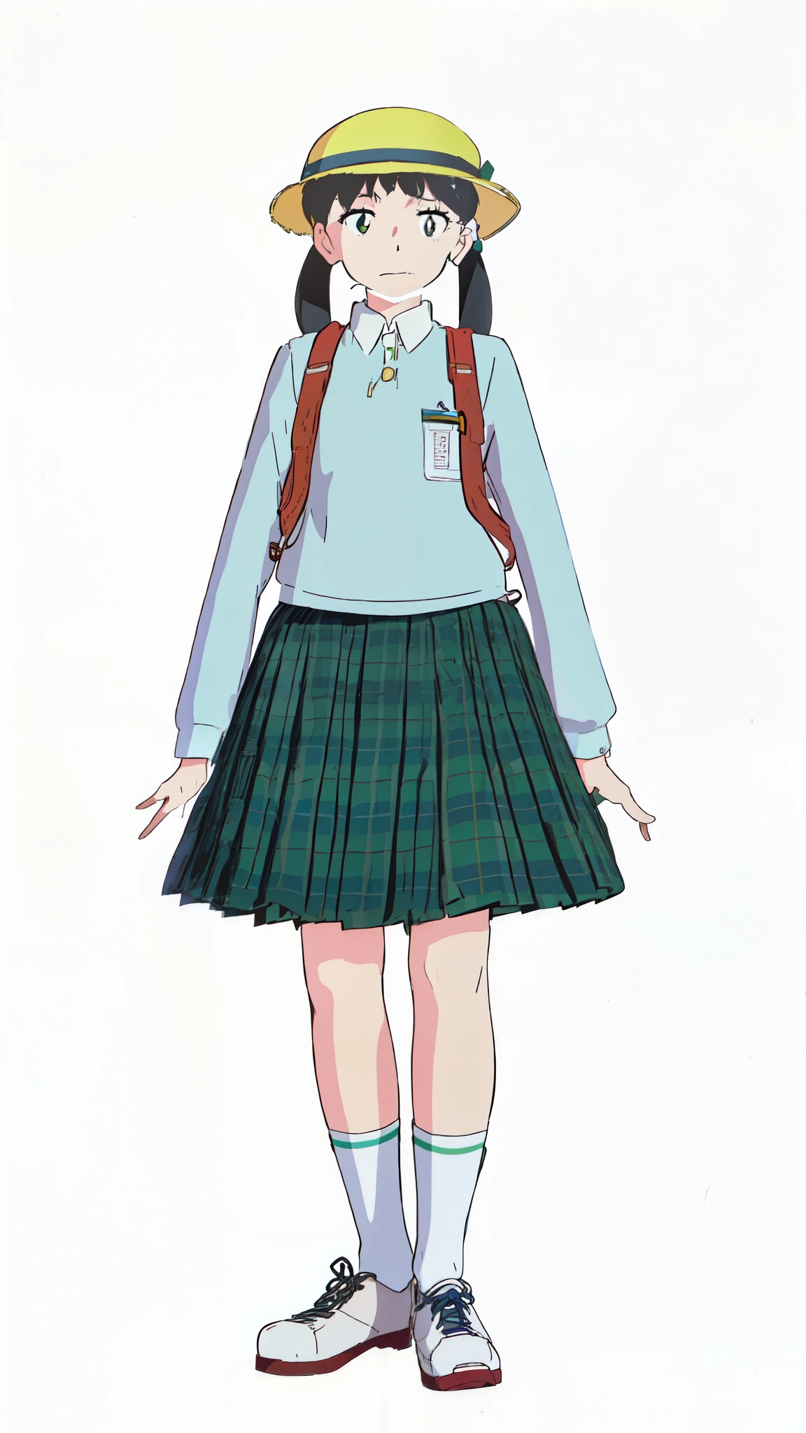 (white background:1.0), (best quality:1.0), (masterpiece:1.0), (super fine illustration:1.0), (beautiful artwork:1.0), (anime screencap:1.0), (official art:1.0), (full body:1.0), (solo:1.0), (ESGA:1.0), (a cute girl:1.0), (green tartan skirt:1.0), (pleated skirt:1.0), (aqua blue polo shirt:1.0), (long sleeve polo shirt:1.0), (sneakers:1.0), (white socks:1.0), (yellow hat:1.0), (red backpack:1.0), (ideal ratio body proportions:1.0), (lanky:1.0), (tall:1.0), (slender:1.0), (small breasts:1.0), (smaller face:1.0), (tareme:1.0), (detailed beautiful eyes:1.0), (detailed beautiful face:1.0), (glowing black eyes:1.0), (black hair:1.0), (low twintails:1.0), (standing:1.0), (looking at viewer:1.0)