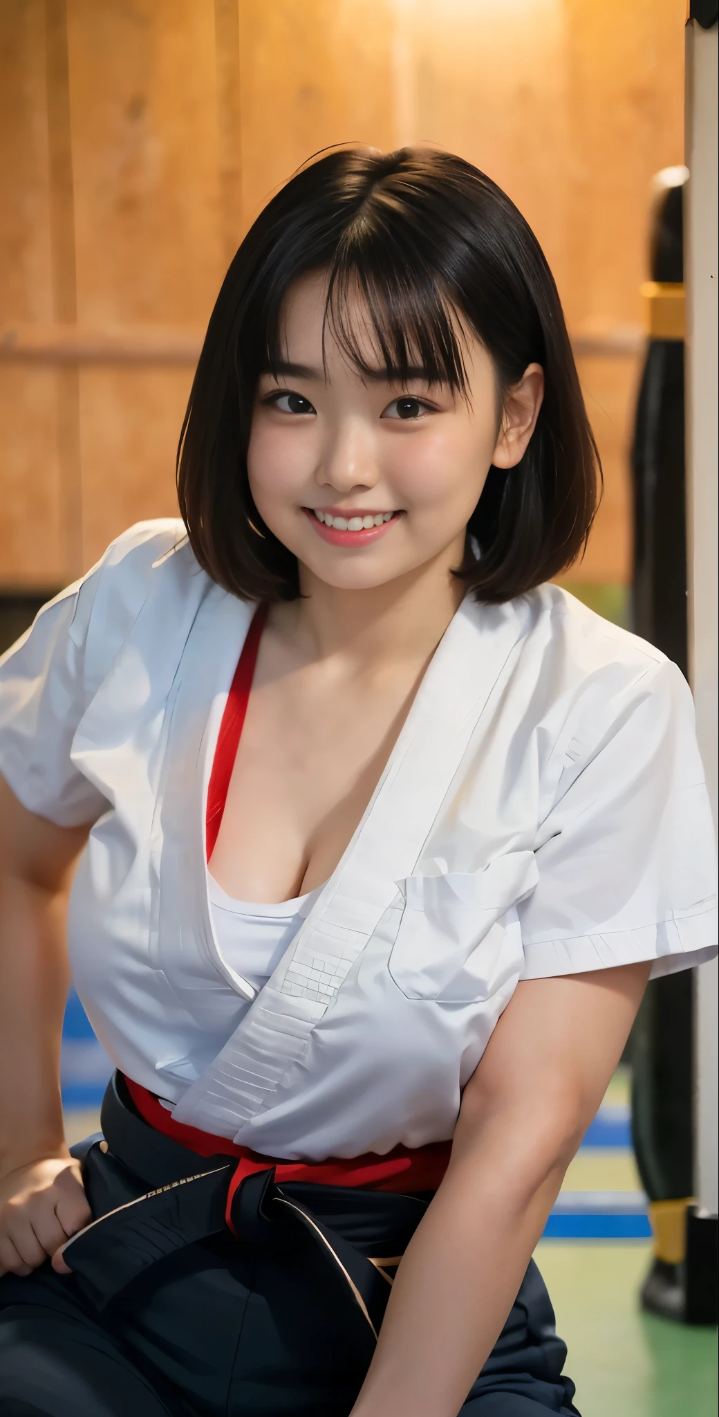 （8K、Raw photography、highest quality、masterpiece：1.2),(black haired、Super Berry Shorthair:1.7),show viewer,Looking at the front,erotic,white skin,(Beautiful girl karate warrior、karate red ranger:1.8)、(22 years ago:1.5)、(Clothing that emphasizes the shape of your chest:1.7)、(big breasts :1.4)、slim body shape、ultra high resolution,beautiful,beautiful fece,(alone, alone、no background:1.9),whole bodyボディー,japanese woman,（Photoreal：1.37）、photon mapping,reality、(Cute with a : 1.0)、(cute smile: 1.7)、(With a round face: 1.9)、radio city、Physically based rendering、depth of field rally background、photograph, (I can see your knees,close up of thighs、I can see my pants:1.7),(whole body:1.6)、super fine