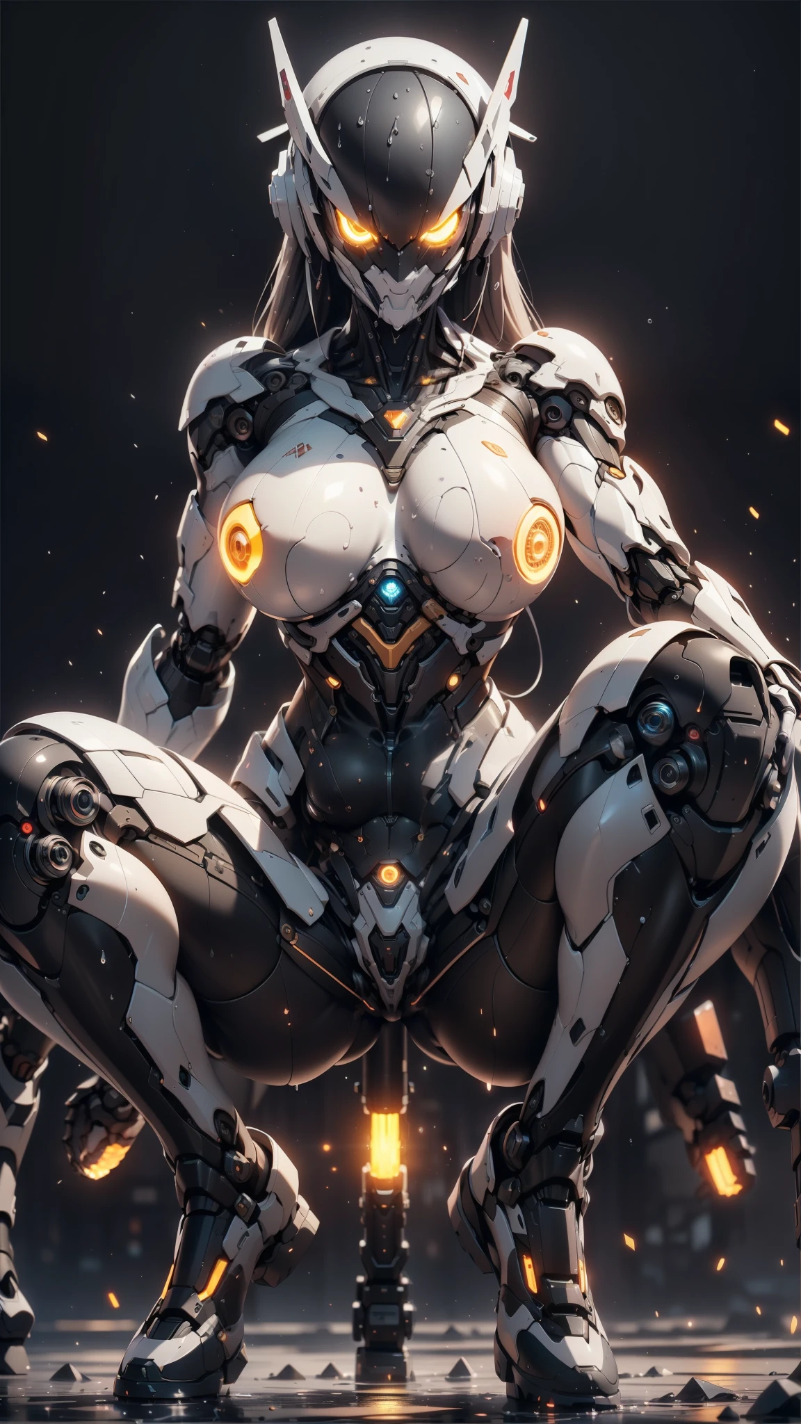 (Future 1.5), (1 Mechanical Girl: 1.5), Full Body, Solo, ((Exposing Abdomen and Head))), (Mechanical Joints: 1.2), (Mechanical Limbs: 1.1), (Blood Vessels Connected to Tubes), (Mechanical Vertebrae Attached to the Back), (Mechanical Neck Attached to Neck), Armor Lights, Mecha Head Mirror, (Glowing Arm: 1.5), (Laser Eyes: 1.5), Fierce Eyes, Mole Under Eyes, (Weapons: Future Weapons, Sci-Fi Weapons), Color, HDR, Ray Tracing, NVIDIA RTX, Super Resolution, Unreal 5, Subsurface Scattering, PBR Textures, Post Processing, Anisotropic Filtering, Depth of Field, Maximum Sharpness and Acutance, Rule of Thirds, 16k Raw, (Glow Particle: 1.4), Extremely Detailed CG, Unity 8K Wallpaper, 3D, Cinematic Lighting, Lens Vires, Reflections, Sharp Focus, Cyberpunk Art, Realistic, Highly Detailed CG Illustration, Extremely Delicate and Beautiful, Cinematic Light, (Realistic: 1.5), (dark background:1.5), dynamic angle, masterpiece, best quality, hyper detail, illustration, detail light, dramatic_shadow,face shadow, extra detail, best performance, (huge fake :1.4), (gigantic breasts:1.1), (muscle abs), (big butt), (wide hips), (thick thighs), slim waist, (standing athletic pose),posed for photo,high-angle, Cameltoe,(Dynamic victory Pose:1.2),from below,groin focus,(Erect clitoris:1.5),(Squatting:1.2),(Open pussy:1.3),((wet pussy:1.3)),(cum on breast:1.1),(((erect nipple tip)))