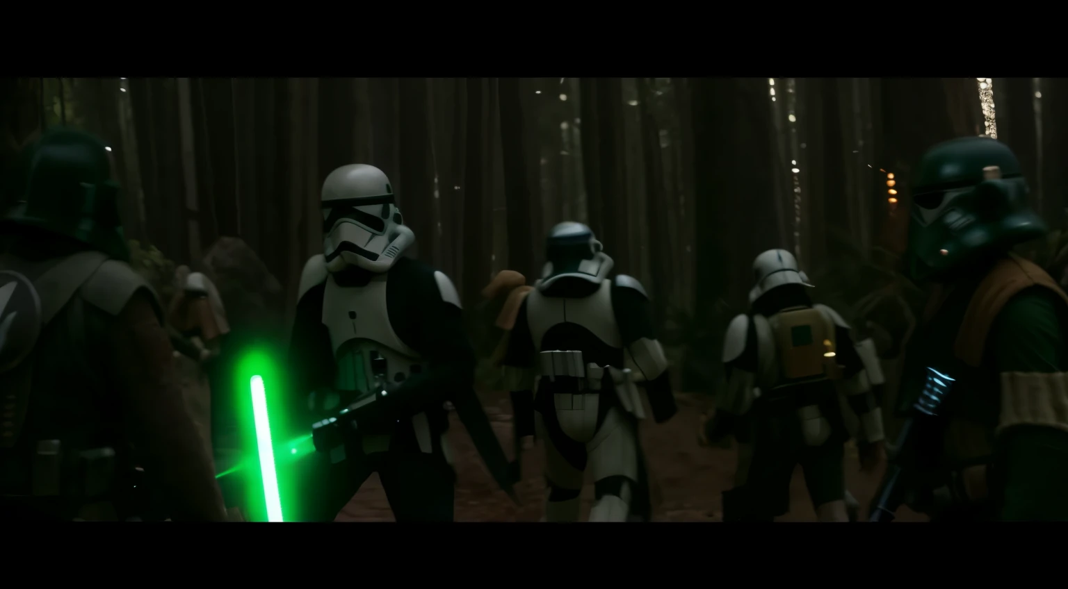 a close up of a group of people in star wars costumes, invading kashyyyk, movie screenshot from star wars, in a star wars sequel, stunning vfx, scene from live action movie, with young jedi army behind him, 2 0 2 1 cinematic 4 k framegrab, vfx, still from a live action movie, vfx shot