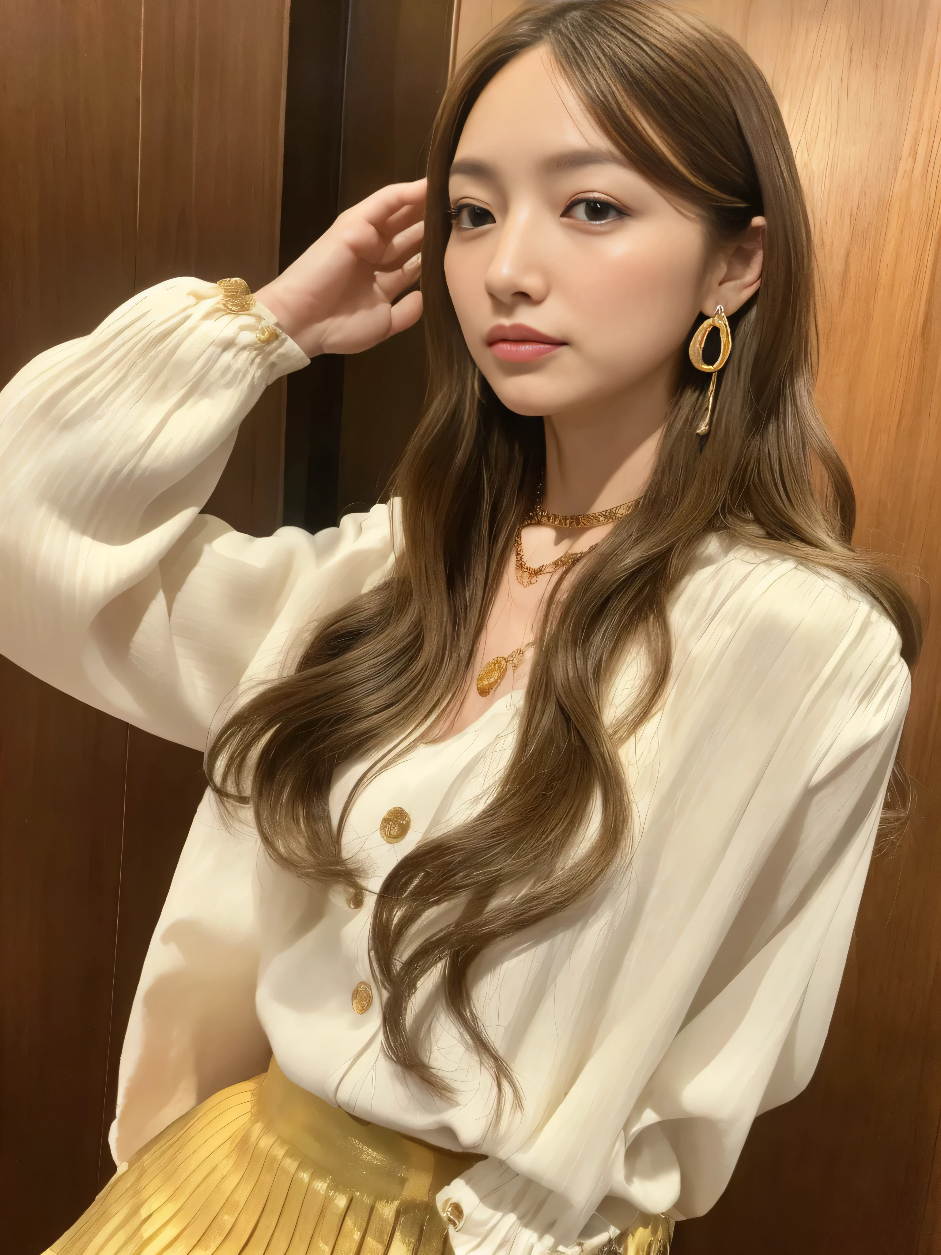 - []photorealistic:1.37、muste piece、highest quality、Raw photo、disorganized、nffsw、1girlin、wavy hair、brown hair、charming、look at viewer、Tokyo Towerのハイタワーオフィスビルのオフィスの大会議室で、Tokyo Tower、intricate details、detailed background、detailed skin、pores、High resolution、nffsw、beautiful model、Soft light on the face、japanse_modeled、((Hair with loose waves inside:1.2)),((gold necklace_Large earrings:1.2)),((Super long brown hair:1.2))、((white long sleeve button up blouse_brown pleated mini skirt:1.3)),