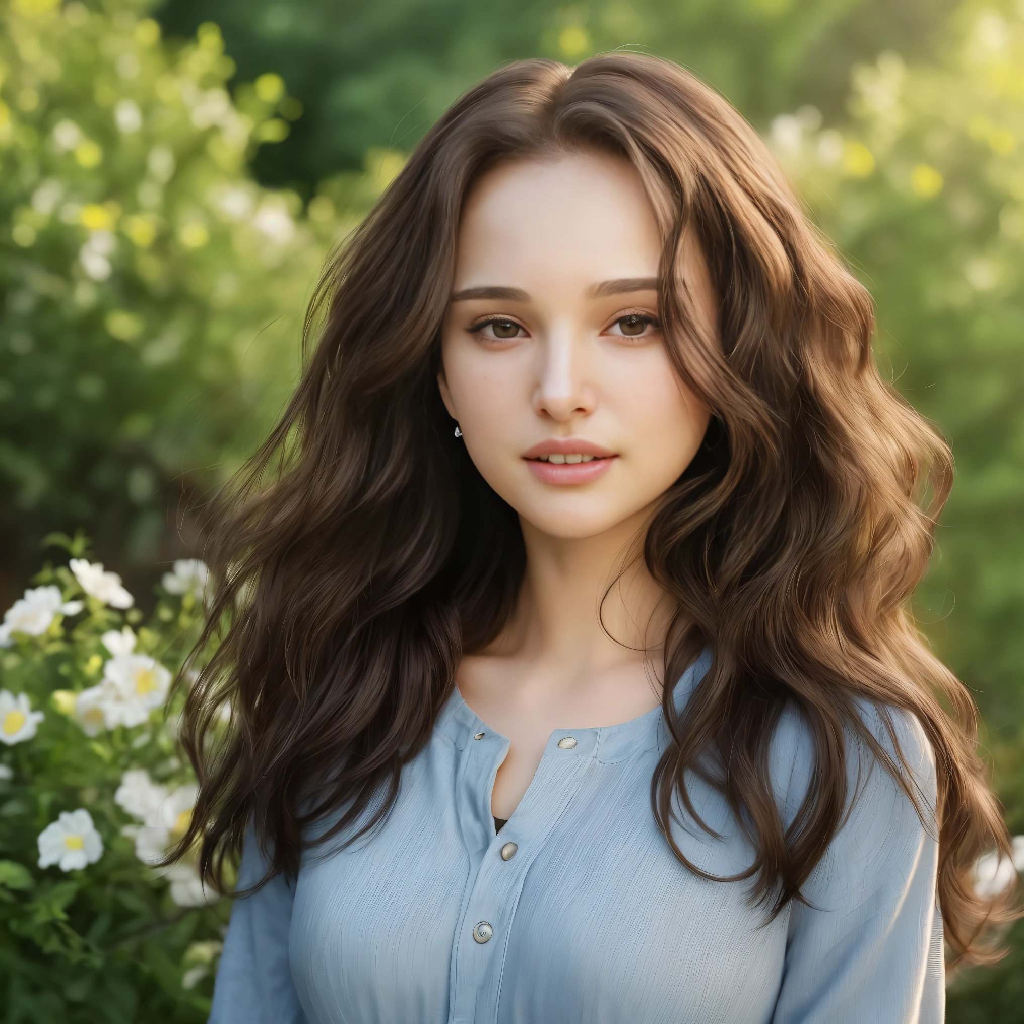 Masterpiece, Best Quality, Ultra-Detailed, 1woman, Natalie Portman, solo, very beautiful, astonish, black hair, curly hair, very long hair, brown eyes, casual clothes, very skinny, smiling, cowboy shot