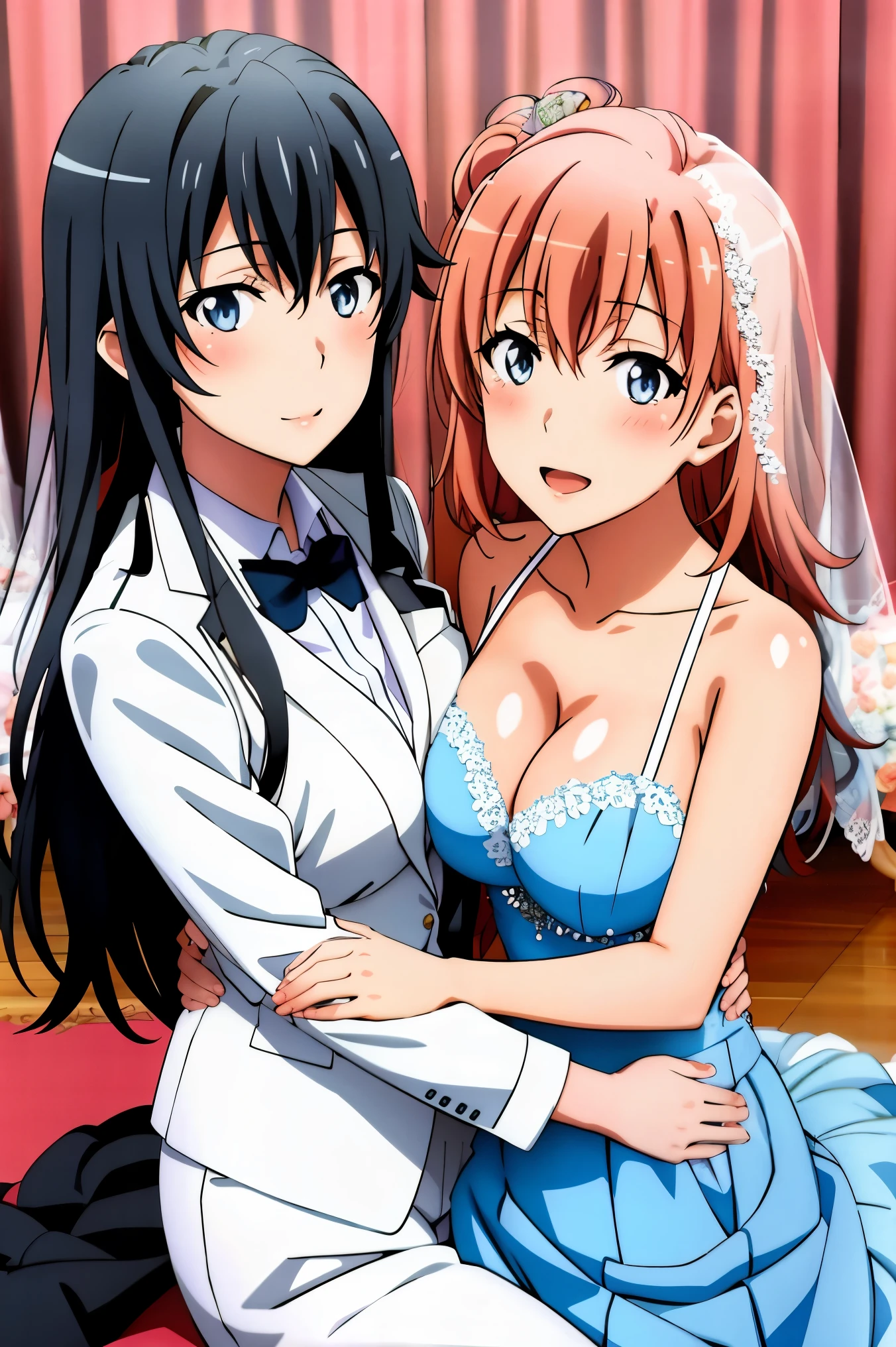 Best Quality,A highly detailed,portrait,anime,soft colors,yukinoshita yukino in a  tuxedo marriage her wife yuigahama yui in wedding Dress, yuri, 2girls, yukinoshita kissing Yuigahama's breast, bridal carry