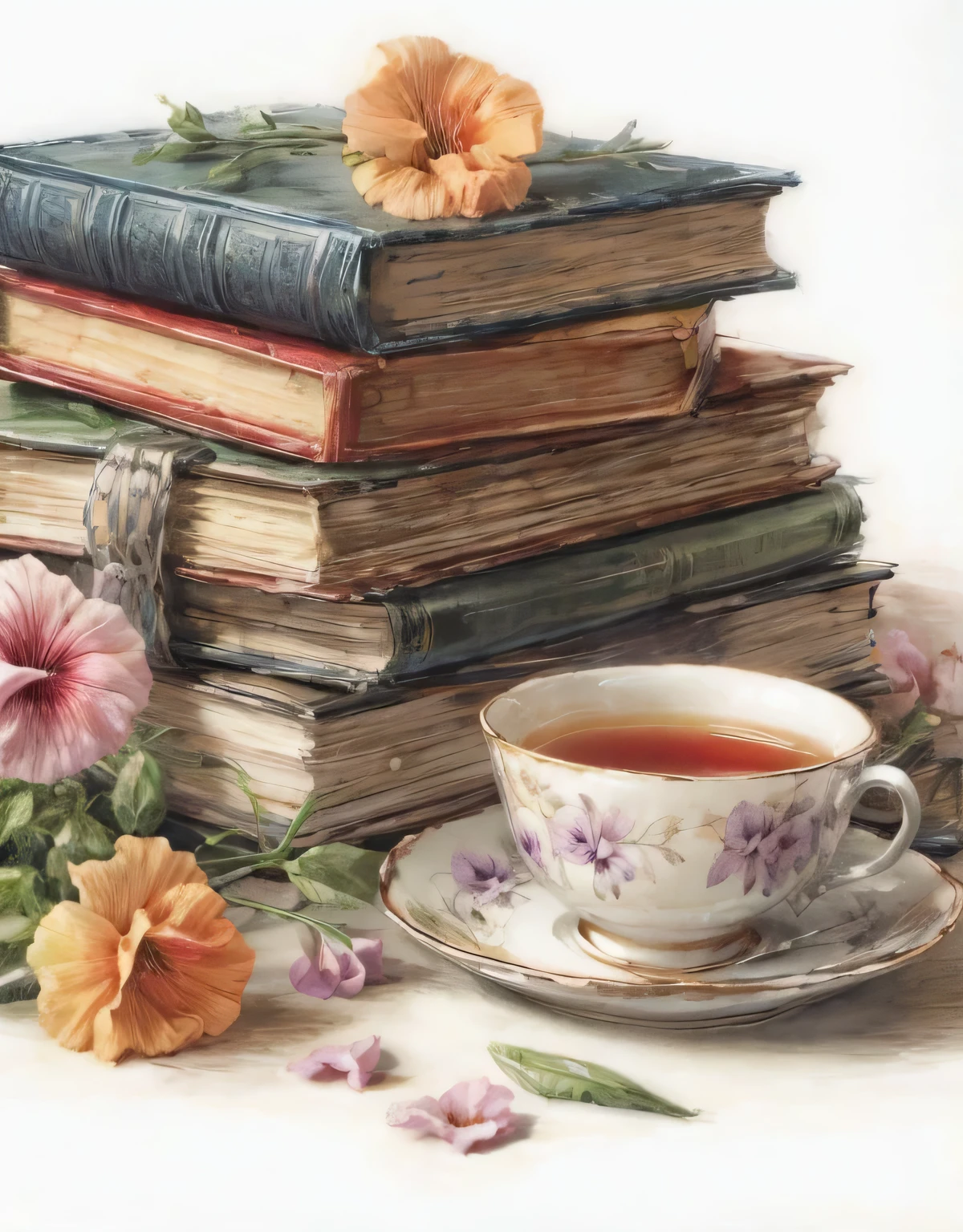 a cup of tea and a pile of books and flowers, the flowers are petunias, Vintage estética, realista, hiper-detalhado