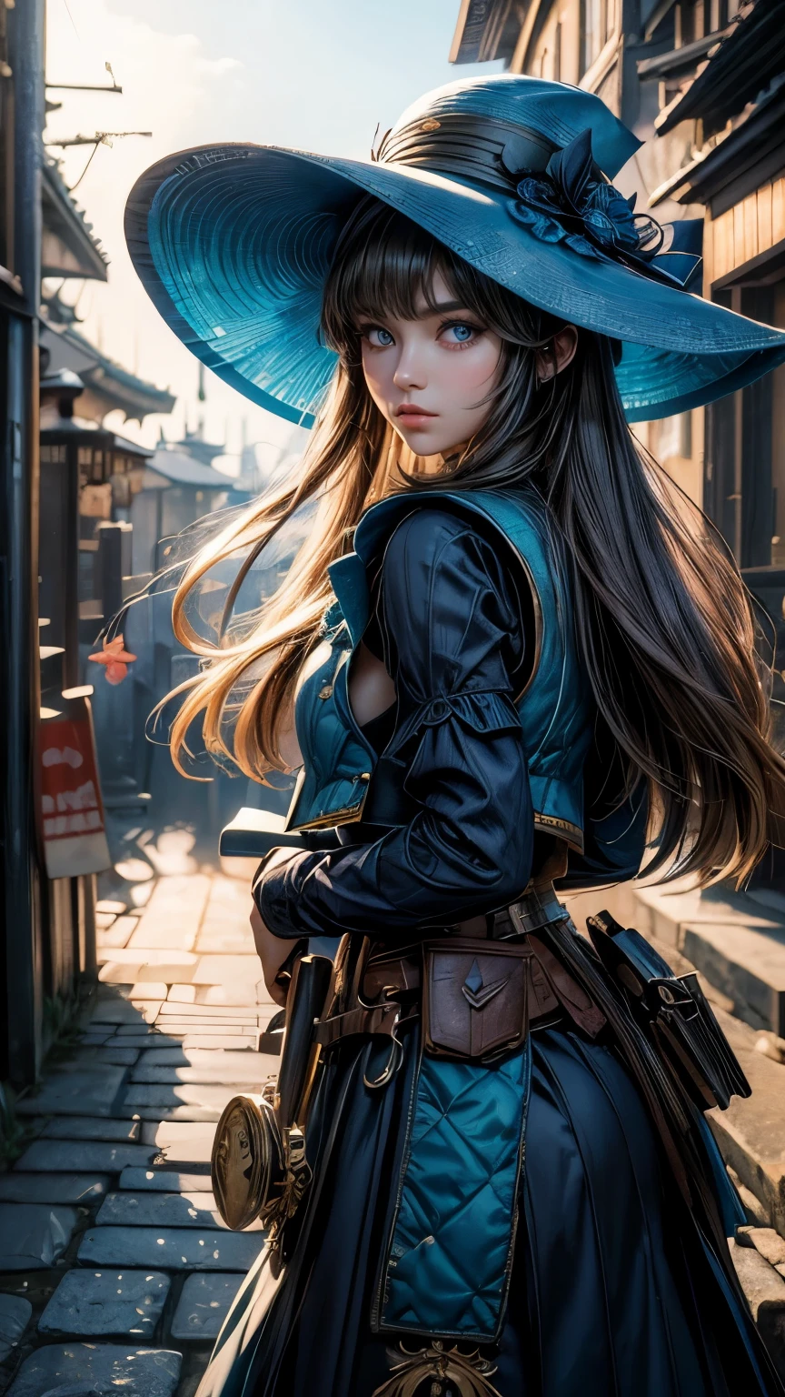 (masterpiece),(best quality:1.0), (ultra highres:1.0), detailed illustration, 8k, anime, masterpiece, detailed face, detailed eyes wearing a wide blue hat over head, detailed hat, best quality,(wanderer:1.2), letterboxed, (genshin impact), 1girl, gemale focus, solo, vest,(kbxll:0.5), anime style, vibrant