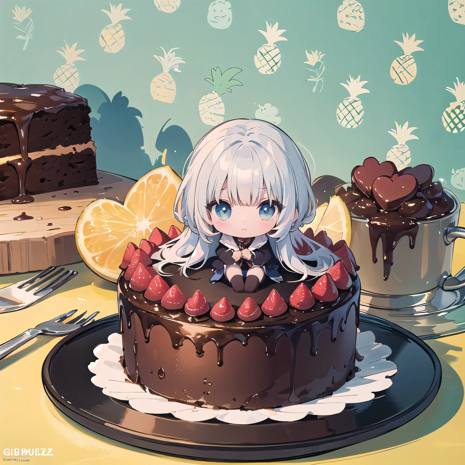 Expressionless chibi , pineapple, light blue chignon hair,bedroom, chibi holding a pineapple, passion color, anime art wallpaper 8k, masterpeace, gweiz style artwork, soft anime illustration, gweiz art station pixiv, Google on Pix Art station,morning,full body,Extra large chocolate cake, table, chocolate cake,silky négligé,
