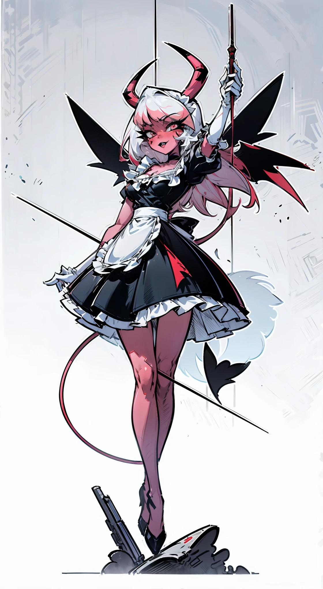 Veronica，（solo:2），（a girl），devil girl，Has a pair of goat horns and hooves，Skin is dark red，（Wearing a maid dress），visual lens，Calm eyes，（Possess red hair、corner ornaments，Repeatedly emphasize the presence of angles:0.8)，devil horns，（Place your hands behind your waist:2），（Feet on smooth floor），Overall anime style，Focus on symmetry，Visual horizon shooting，Requires works to reach ultra-high definition(UHD)standard，Precise human anatomy，（Hands conform to human anatomy），blank background，Linearization，Ensure high quality output，Suitable for 4K resolution and 1080P resolution display