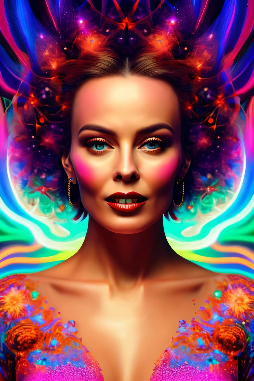 an extremely psychedelic portrait of Kylie Minogue, surreal, lsd, face, detailed, intricate, elegant, lithe, highly detailed, digital painting, artstation, concept art, smooth, sharp focus, illustration