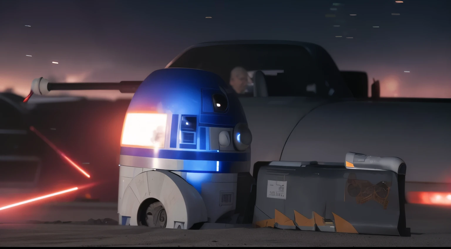 there is a star wars scene with a robot and a vehicle, movie screenshot from star wars, still from star wars (1977), from star wars (1977), r2d2, r 2 d 2, deathstar, scene from star wars 1977, star wars a new hope 1977, still from star wars