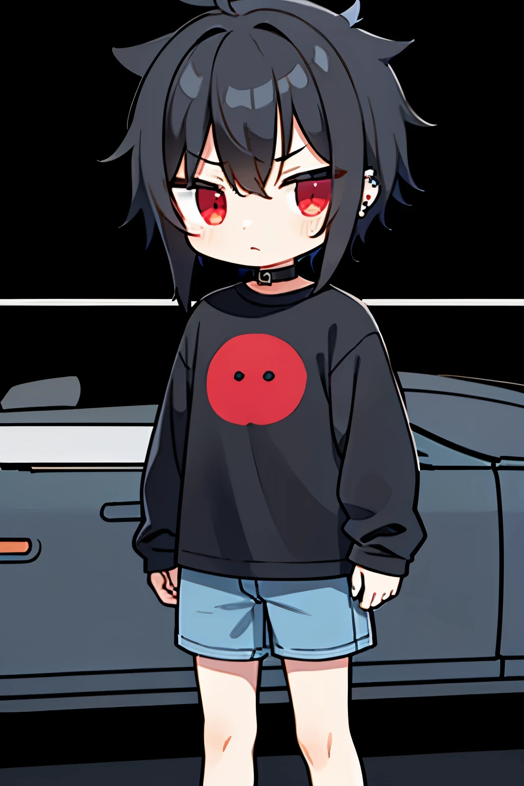 SD, 2d, chibi, 1boy, emo, piercing, mad, mohawk black hair, red eyes, wearing plain black tshirt, denim jeans, city, absurdres, high res, ultrasharp, 8K, masterpiece, looking at viewer, black background