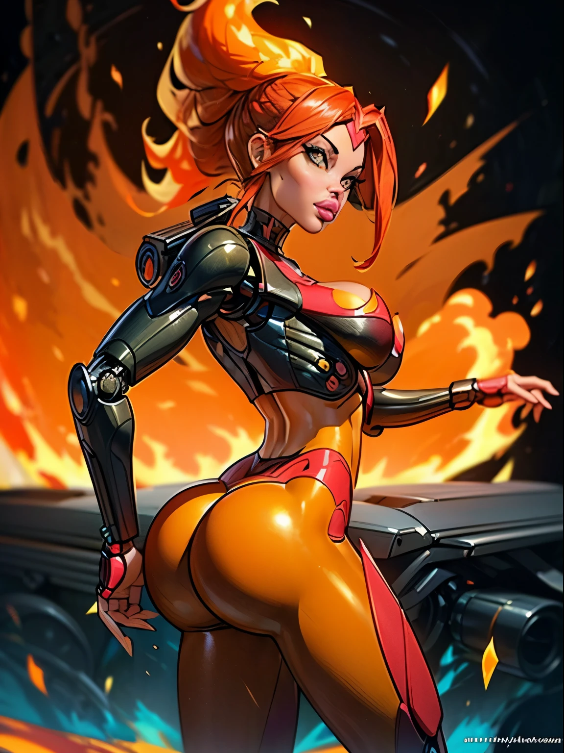 ((Back profile:1.3)), turning head looking to viewer, ((red hair)), There is a fire woman in a robot suit ((posing next to an futuristic Roman building)), ((integrated jet pack)), ((bulky jet pack:1.3)), Beautiful orange girl half cyborg, Cute cyborg girl, Beautiful girl cyborg, (aletta ocean face), (puffy lips), Perfect Robot Girl, Cyborg girl, (ass air bags), intricate details on ass, fire head, Young cyborg lady, (ass cleavage), Beautiful Female Robot, ((cybernetic abs:1.2)), ((orange skin)), intricate holes on ass, Beautiful orange robot woman, orange cyborg girl, perfect fire cyborg female, ((orange fire cyborg)), Female robot, Beautiful cyborg images, (cinematic lighting), red and orange aesthetic, small blue details