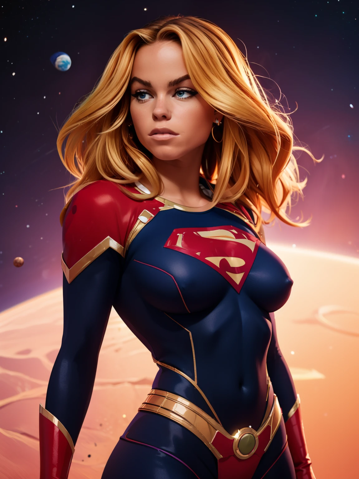 (((comiс style, arte dos desenhos animados))). ((1 garota)), sozinho, Sozinho, Uma imagem em comiс style de Supergirl, a hot e, com ela como figura central. Ela usa uma roupa tradicional da Supergirl azul e vermelha, saia pequena vermelha, (((Rosto de Milly Alcock))) . ((corpo magro e quente). (((Cinematic cosmic space background))) . She has a strong and courageous expression, como se ela estivesse pronta para lutar contra o mal.