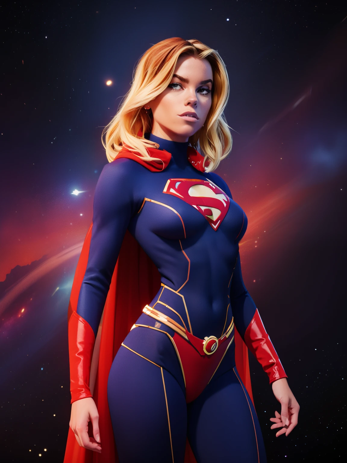 (((comiс style, arte dos desenhos animados))). ((1 garota)), sozinho, Sozinho, Uma imagem em comiс style de Supergirl, a hot heroine, com ela como figura central. Ela usa uma roupa tradicional da Supergirl azul e vermelha, saia pequena vermelha, (((Rosto de Milly Alcock))) . ((corpo magro e quente). (((Cinematic cosmic space background))) . She has a strong and courageous expression, como se ela estivesse pronta para lutar contra o mal.