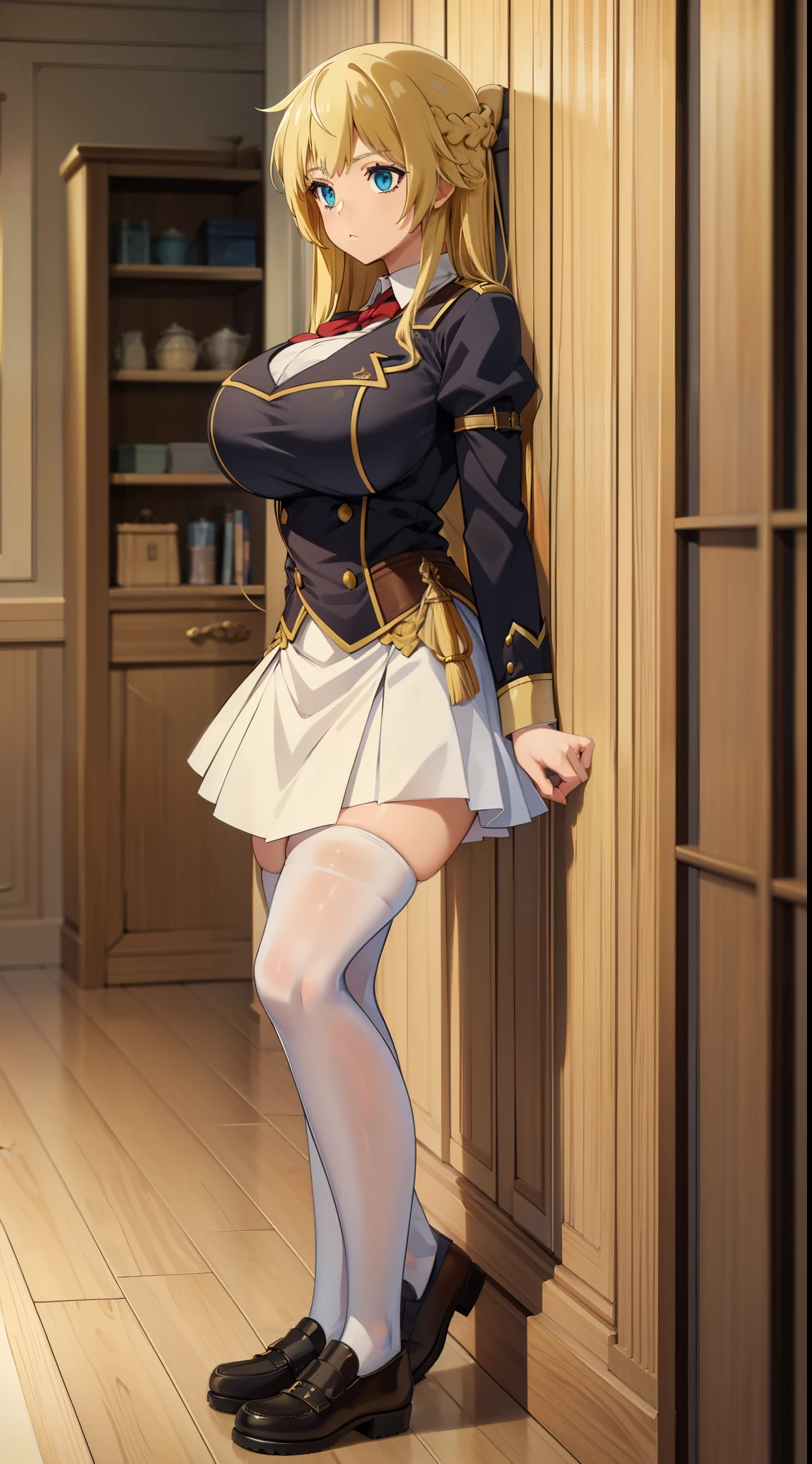 masterpiece, (best quality), 1woman,1girl ,Rit_BFTHP, blonde hair , blue eyes,long hair,young woman ,french braid , best quality ,big breasts,uniform,skirt, full body
