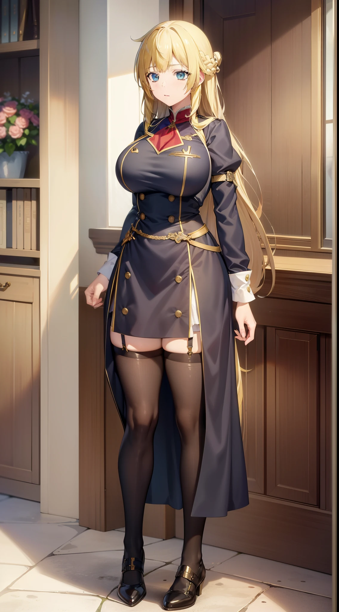 masterpiece, (best quality), 1woman,1girl ,Rit_BFTHP, blonde hair , blue eyes,long hair,young woman ,french braid , best quality ,big breasts,uniform,skirt, full body
