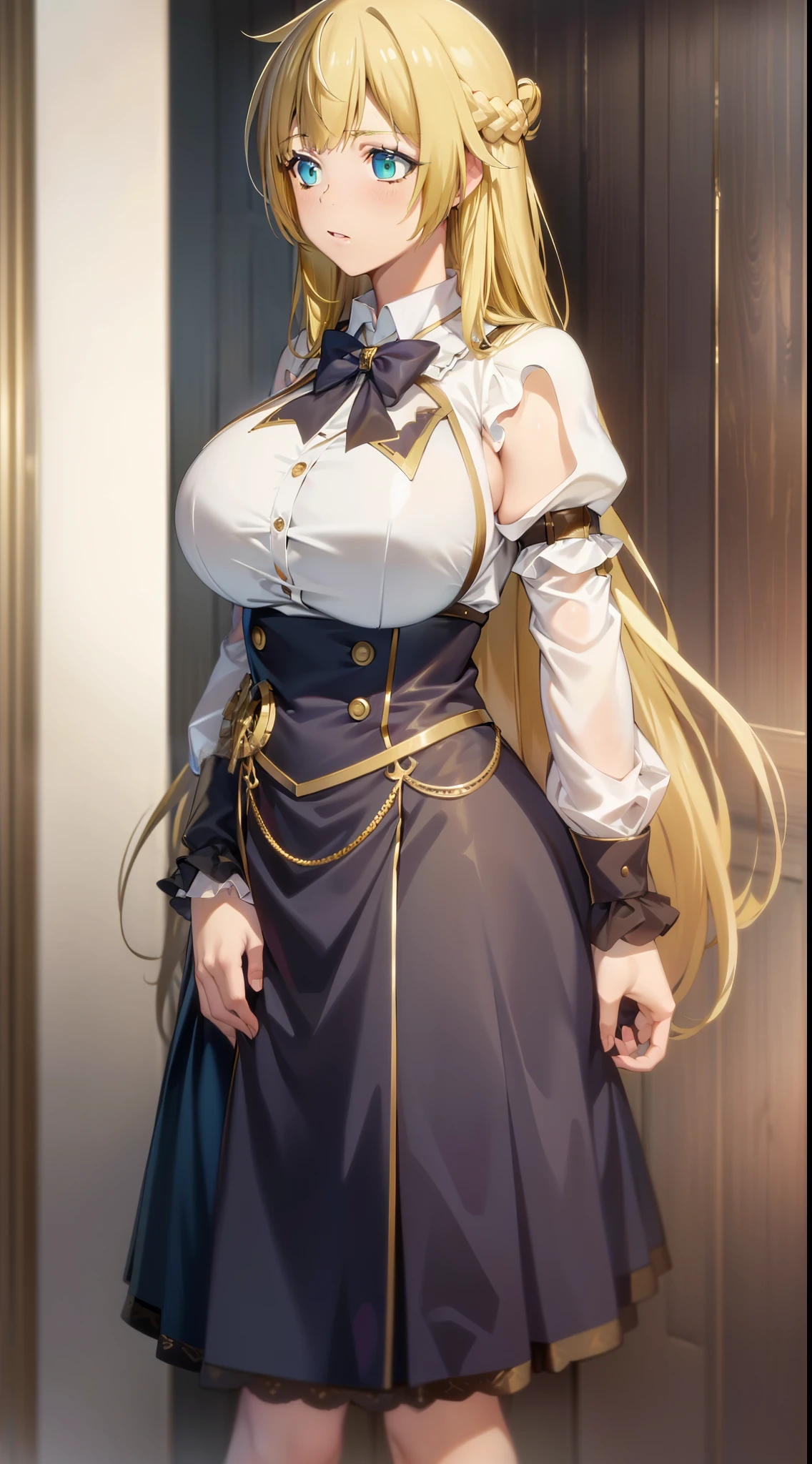 masterpiece, (best quality), 1woman,1girl ,Rit_BFTHP, blonde hair , blue eyes,long hair,young woman ,french braid , best quality ,big breasts,uniform,skirt, full body
