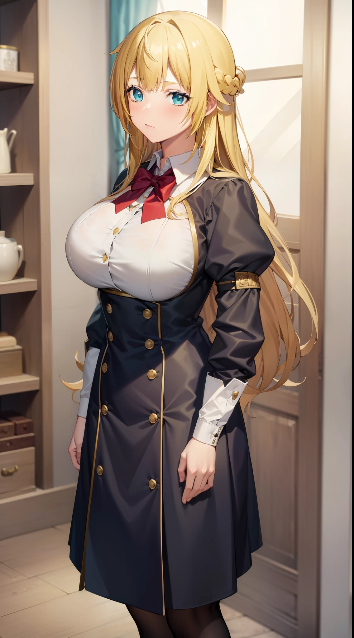 masterpiece, (best quality), 1woman,1girl ,Rit_BFTHP, blonde hair , blue eyes,long hair,young woman ,french braid , best quality ,big breasts,uniform,skirt, full body
