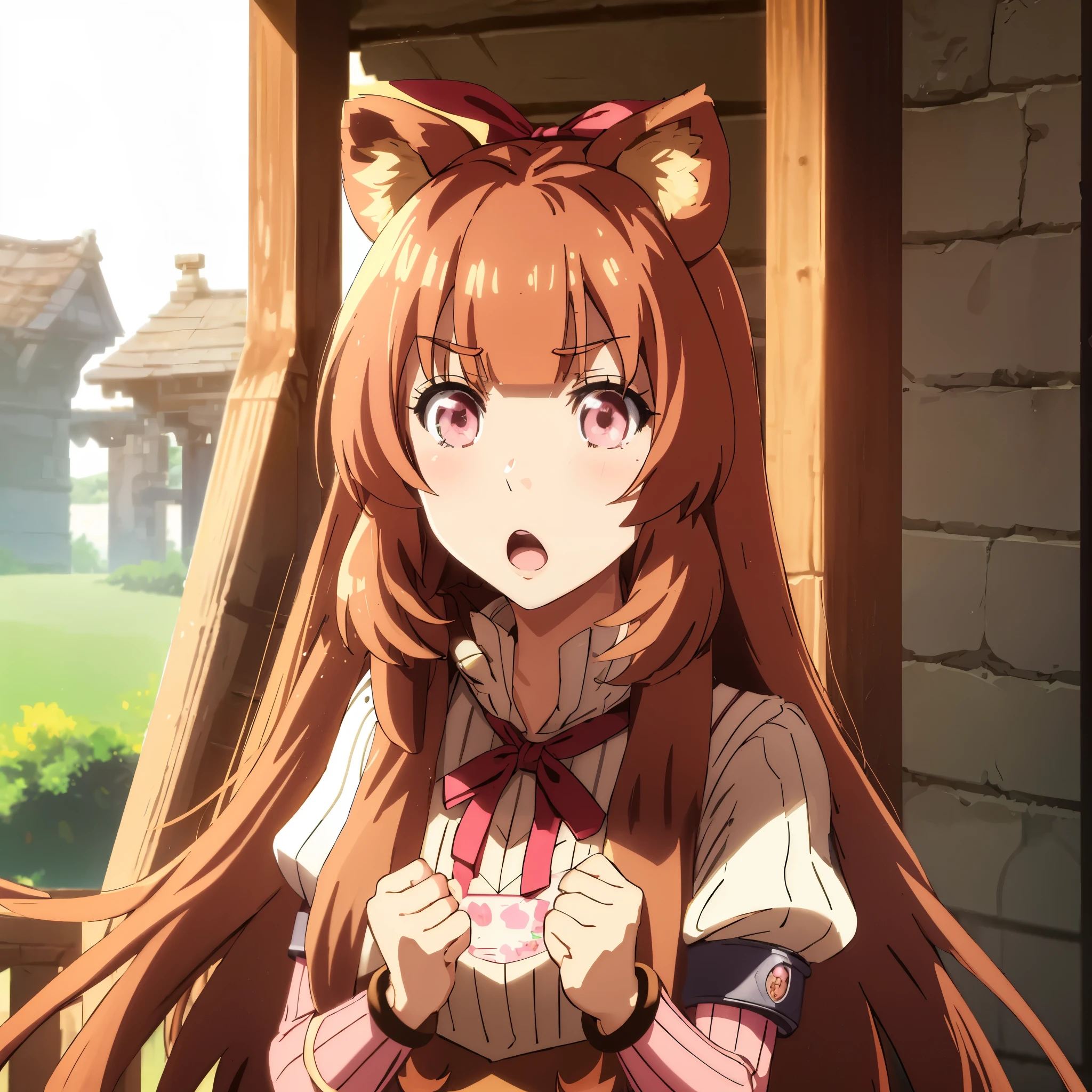 masterpiece, best quality, ganbaruzoi, clenched hands, upper body, raphtalia, raccoon girl, raccoon ears, long hair, brown hair, pink eyes, ribbon, striped sweater, medium breasts, open mouth, bracelets, blush, sky on background, outdoors, medieval architecture, solo, :o, v-shaped eyebrows