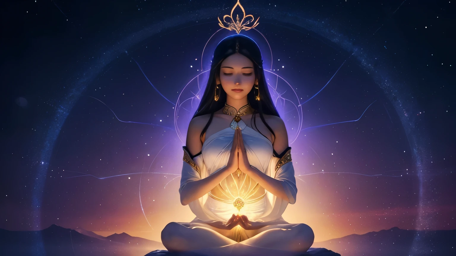 Visualize a serene figure, sitting cross-legged in meditation, surrounded by a soft, radiant glow symbolizing the loving presence of Spiritual Mentors. Above them, the words "At this moment, as we look within and meditate" shimmer softly, conveying the invitation to open the heart to divine guidance. Surrounding the figure, shimmering figures of spiritual mentors appear, their hands extended in blessing. It's a scene of tranquility and connection, where the soul embraces the wisdom and support of its spiritual guides.